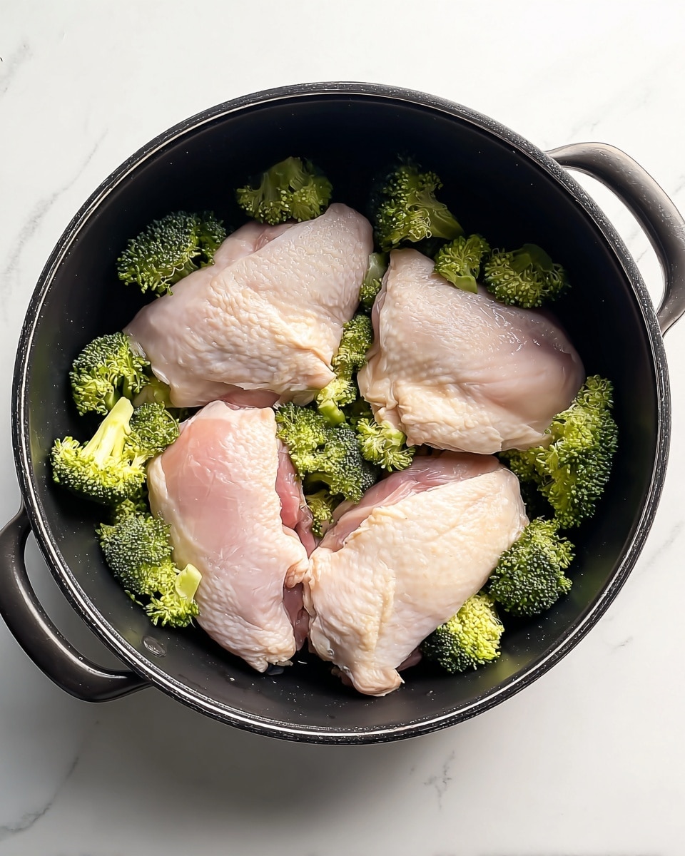 The image shows a black pot filled with four raw light pink chicken pieces arranged in the center. Around the chicken pieces, there are small green broccoli florets scattered evenly, adding a mix of green shades and textures. The pot handles are visible on both sides. The pot sits on a white marbled surface, which gives a clean and simple background to the scene. The lighting is natural, making the colors of the chicken and broccoli look fresh and clear. photo taken with an iphone --ar 4:5 --v 7