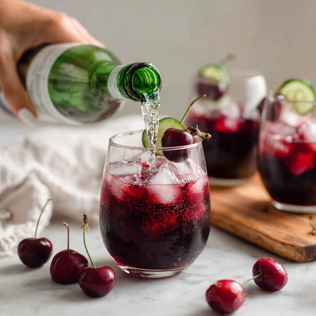 A woman's hand with white nail polish is pouring a clear liquid from a green-capped bottle into a wine glass filled with dark red liquid and ice cubes, topped with a thin green cucumber slice. The glass is on a white marbled surface with scattered red cherries around it. In the background, there is a wooden board with three more wine glasses filled with the same dark red drink, all blurred. A white cloth is partially visible on the left side. photo taken with an iphone --ar 4:5 --v 7