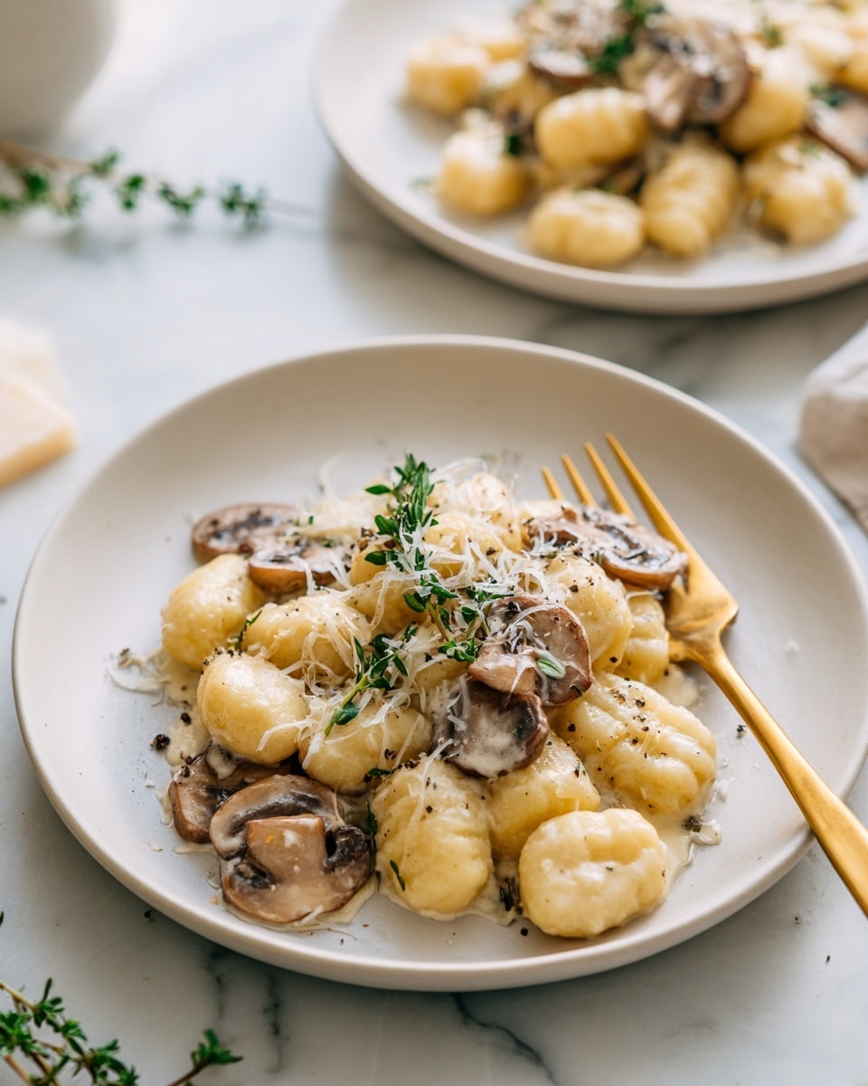 A white bowl filled with soft gnocchi covered in a creamy light beige sauce, mixed with sliced brown mushrooms and sprinkled with grated cheese and black pepper. A sprig of green thyme sits on top as garnish. A shiny gold fork rests inside the bowl on the right side. A woman's hand is gently holding the bottom right edge of the bowl. The bowl is placed on a white marbled surface. Photo taken with an iphone --ar 4:5 --v 7