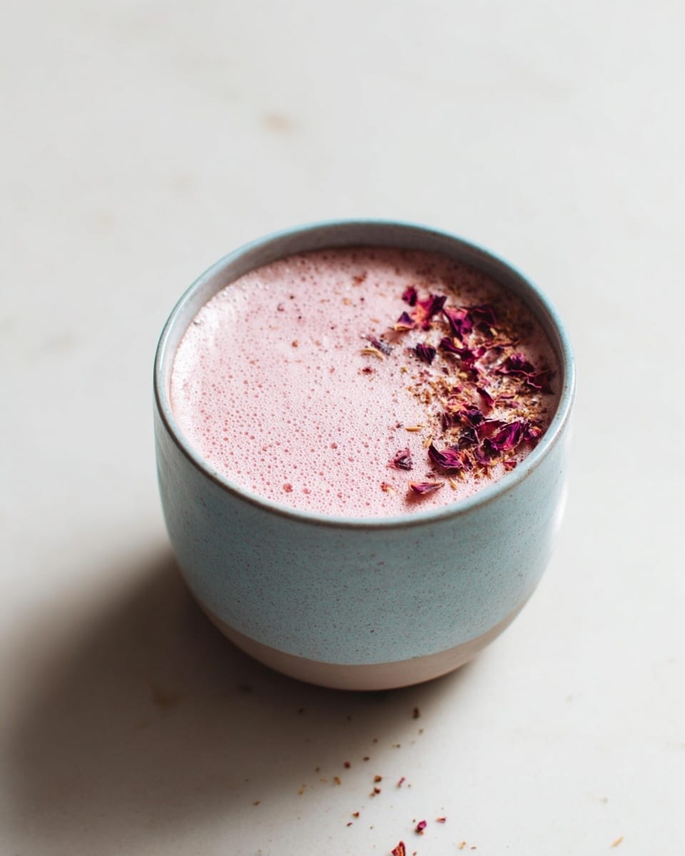 A light pink creamy drink fills a smooth, round light blue cup, with a soft frothy texture on top. There are small dark red and purple petal pieces sprinkled on one side of the frothy surface. The cup sits on a white marbled surface with a few scattered small brown and red bits around it. The lighting is soft and natural, creating gentle shadows around the cup. photo taken with an iphone --ar 4:5 --v 7