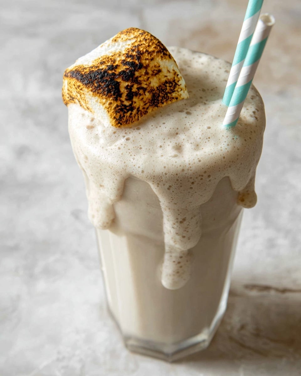 A tall glass filled with a thick, creamy light beige milkshake that almost spills over the top, with foam covering the surface and running down the sides in soft waves. On top, there is a large, toasted marshmallow with golden brown and slightly charred spots near the edge of the glass. A white straw with turquoise triangular patterns sticks out from the right side of the milkshake. The glass is placed on a white marbled textured surface. photo taken with an iphone --ar 4:5 --v 7