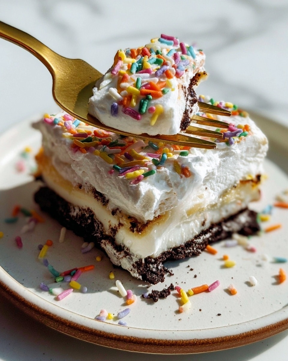 A small slice of a dessert with three visible layers is on a white plate with a slightly rustic edge. The bottom layer is dark, crumbly, and chocolatey, acting as a base. On top of this is a creamy, white layer with a smooth texture, followed by a thick white whipped cream layer. The top surface is decorated with colorful rainbow sprinkles in yellow, orange, green, blue, purple, and pink. A gold fork is lifting a bite from the slice, showing the layers clearly. Some sprinkles are scattered on the plate around the dessert. The background has a white marbled texture. Photo taken with an iphone --ar 4:5 --v 7