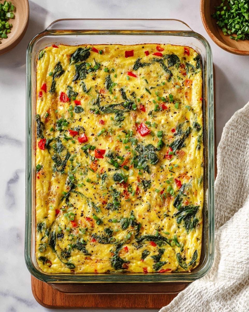 The image shows a single square piece of a baked egg dish on a white plate. The dish has at least two visible layers: a golden-yellow egg base mixed with red bell pepper pieces and green spinach leaves, topped with chopped green chives scattered on top. The edges are slightly browned and crispy. In the background, a glass baking dish with more uncut portions of the same egg dish rests on a wooden board. The scene is set on a white marbled surface. photo taken with an iphone --ar 4:5 --v 7