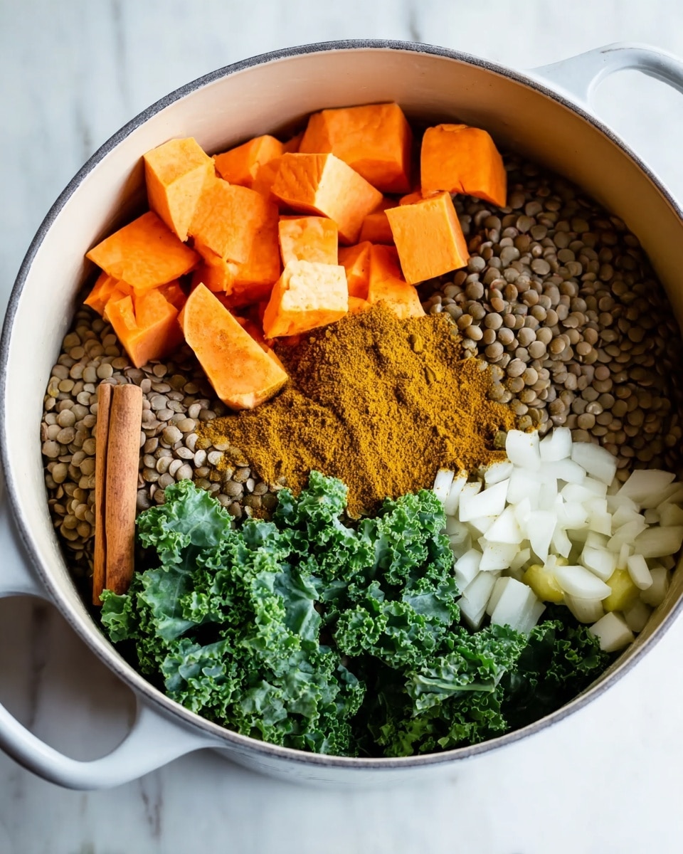 The image shows a round white pot filled with six different ingredients arranged in separate sections. Starting from the top and moving clockwise, there are bright orange sweet potato cubes with a smooth texture, light brown lentils with a small round shape, fresh dark green kale leaves with a curly texture, a brown cinnamon stick lying near the center, a small pile of pale yellow minced ginger, and white chopped onions with a firm and smooth surface. On top of the ginger is a heap of golden yellow curry powder with a fine texture. The pot is placed on a white marbled surface. Photo taken with an iphone --ar 4:5 --v 7