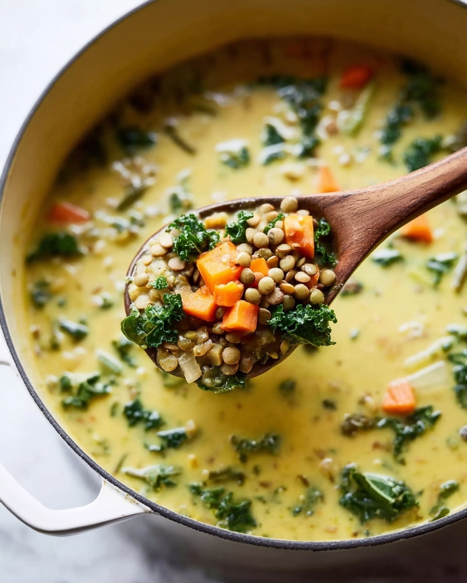 A close-up view of a white enamel pot filled with a creamy yellow soup with visible green kale leaves floating inside. A wooden spoon is lifted above the pot, holding a mix of small light brown lentils, bright orange carrot cubes, dark green kale pieces, and light translucent onion chunks. The background is a white marbled surface, softly lit to highlight the textures and colors of the soup and ingredients, photo taken with an iphone --ar 4:5 --v 7