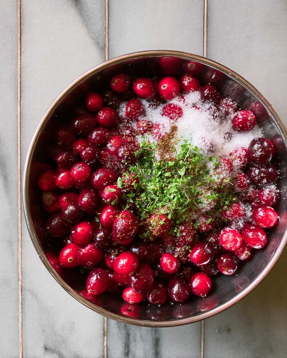 A deep bowl filled with bright red cranberries covers the bottom layer, mixed with white granulated sugar sprinkled evenly on top. Small dark brown specks of spice dot the cranberries, and finely chopped green herbs rest in the center, adding a pop of color. The bowl is placed on a white marbled surface. photo taken with an iphone --ar 4:5 --v 7