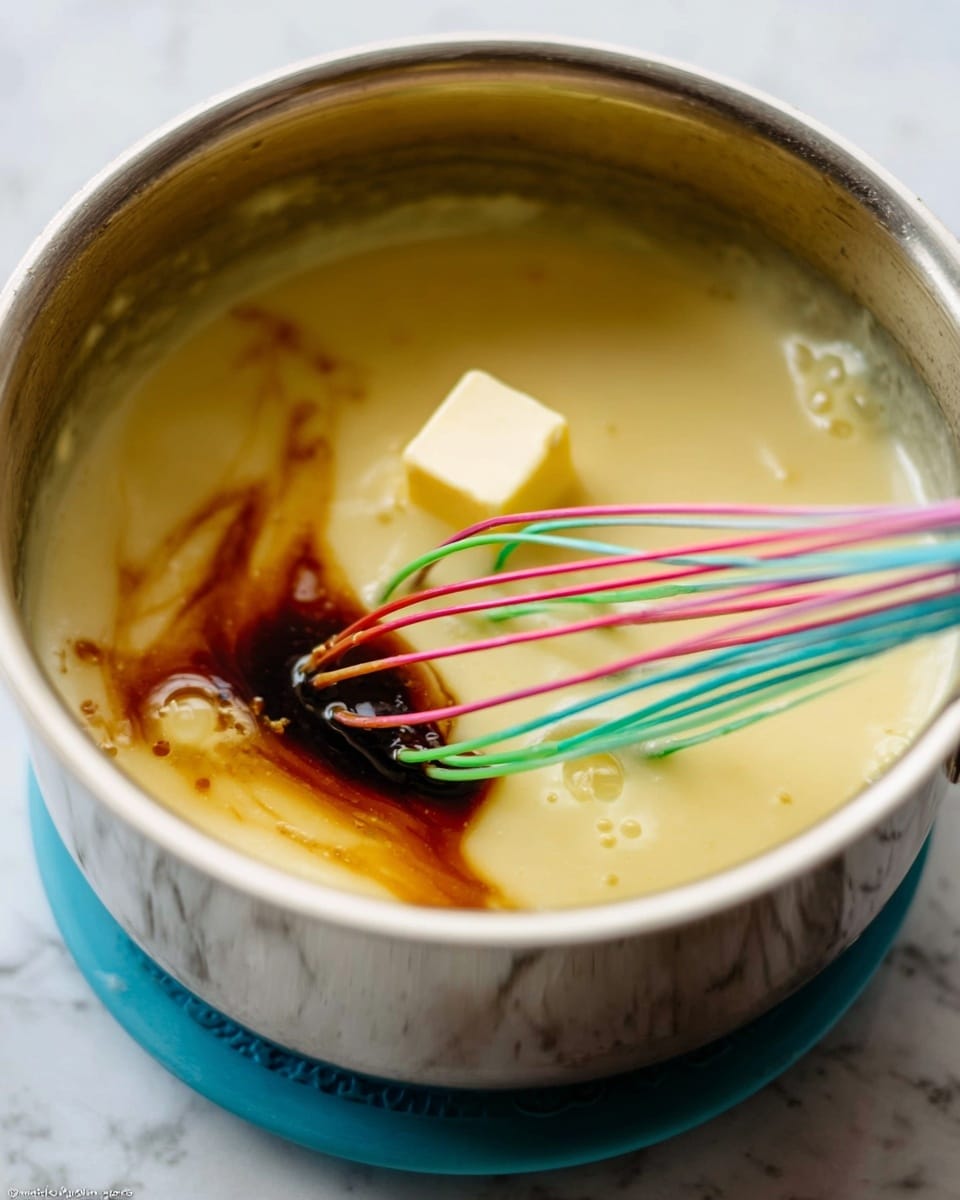 A close-up view of a stainless steel pot with a creamy, pale yellow mixture inside, showing a single square piece of butter melting on top. There is a small dark brown swirl of vanilla or caramel liquid blending with the mixture. A colorful whisk with green, red, pink, blue, and orange wires is partially immersed in the creamy mix, touching the melted butter and brown swirl. The pot sits on a blue trivet against a white marbled textured surface. photo taken with an iphone --ar 4:5 --v 7