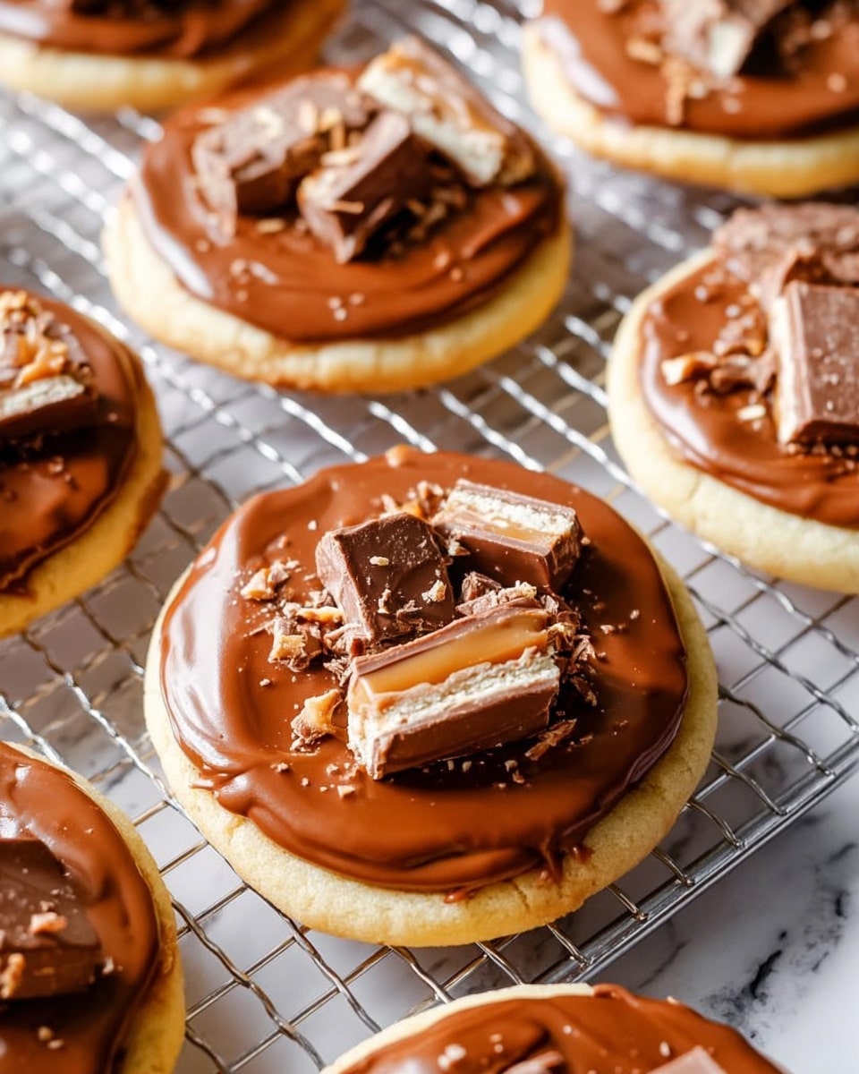 Round cookies sit on a rose gold wire cooling rack placed on a white marbled surface. Each cookie has three layers: a light golden base layer with a smooth and slightly firm texture, a glossy caramel-colored middle layer that looks sticky and rich, and a top layer of uneven chunks of chocolate candy bars that add a rough texture and dark brown and light beige tones. The cookies are evenly spaced, showing a cozy, homemade look. Photo taken with an iphone --ar 4:5 --v 7