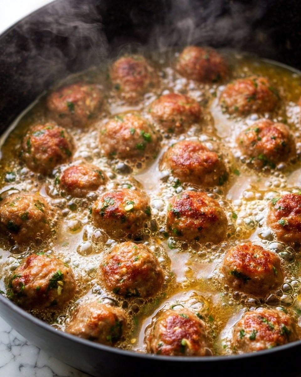 The image shows a close-up of many meatballs cooking in a pan filled with bubbling sauce. The meatballs are round and have a reddish-brown color with bits of green herbs and small white pieces inside. The sauce is light brown and frothy, bubbling around the meatballs, with some steam rising above. The pan itself is dark, and the background is a white marbled texture. photo taken with an iphone --ar 4:5 --v 7