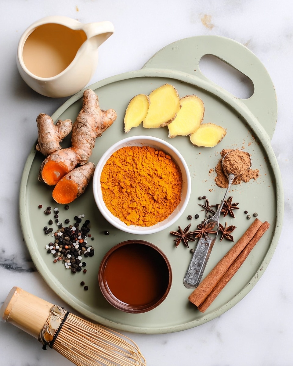 A round white plate with a handle holds various spices and ingredients arranged neatly on a white marbled surface. At the center, a small white bowl is filled with bright orange powder. To the top right of the bowl are two light yellow ginger root slices with brown edges. A small measuring spoon filled with brown powder sits next to two brown cinnamon sticks on the right side. Below the bowl, there is a small brown cup filled with a dark amber liquid. On the left side of the bowl, orange turmeric roots with rough textures are visible beside scattered black peppercorns. Two small measuring spoons hold black and white ground pepper near the peppercorns. A cream-colored small pitcher with a handle and light beige liquid inside is placed near the top left of the plate. A bamboo whisk with fine tips lies outside the plate on the white marbled surface. Photo taken with an iphone --ar 4:5 --v 7