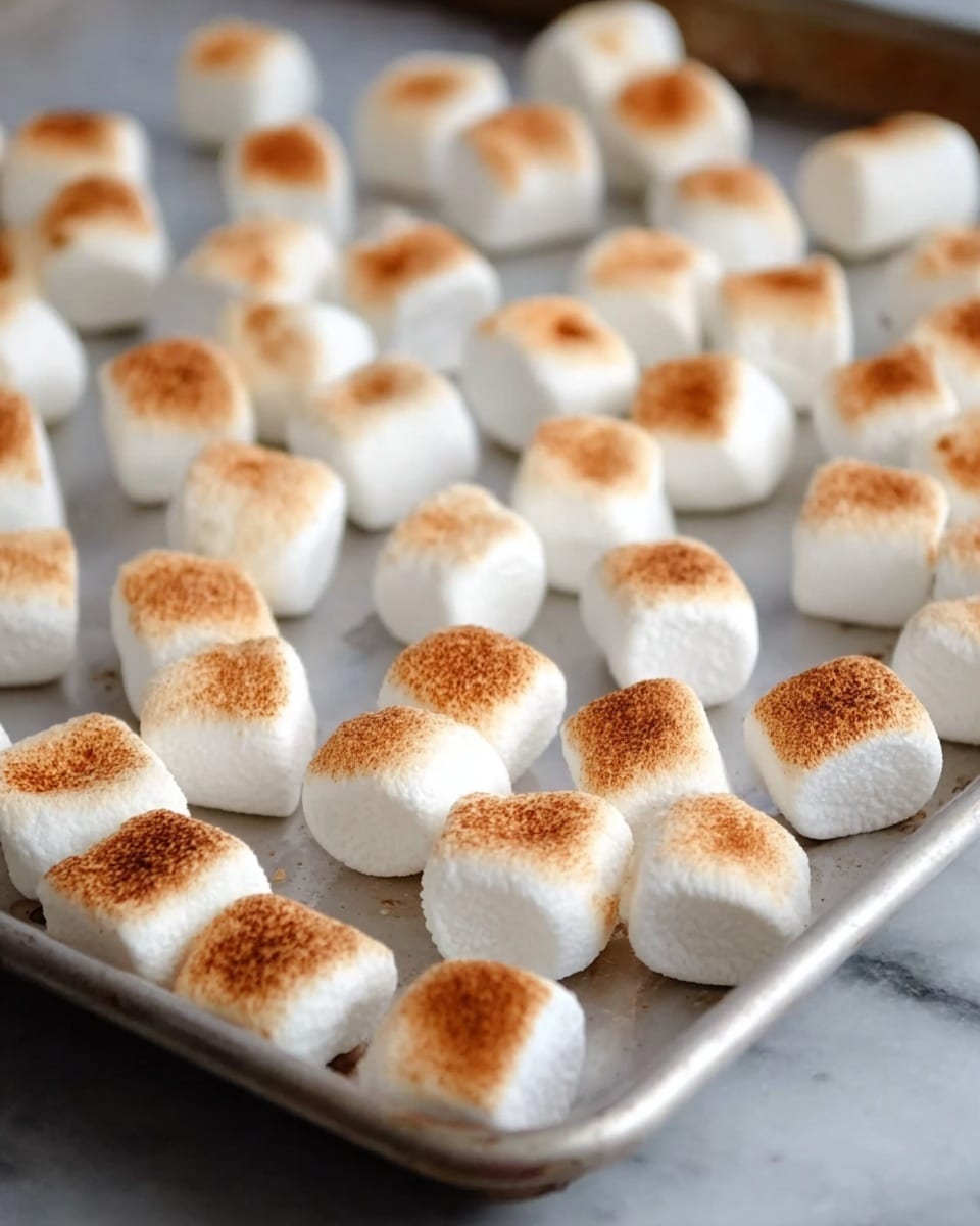 The image shows many small white marshmallows placed on a silver metal baking tray. Each marshmallow has a golden-brown toasted top layer, while the sides and bottoms remain white and spongy. The marshmallows are spread out unevenly across the tray, with some near the front in clear focus and others fading into the background. The tray sits on a white marbled surface. photo taken with an iphone --ar 4:5 --v 7