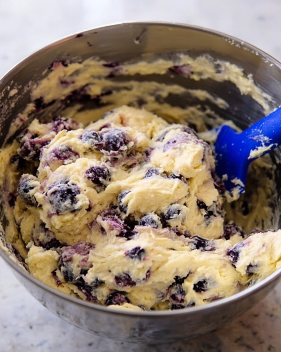 A close-up view of a shiny silver mixing bowl filled with thick, creamy batter that is pale yellow with dark purple spots from whole blueberries spread evenly throughout. The batter has a rough texture with some areas smooth and others lumpy. A blue spatula is partially buried in the batter on the right side, showing remnants of batter on its surface. The background is a white marbled texture. photo taken with an iphone --ar 4:5 --v 7