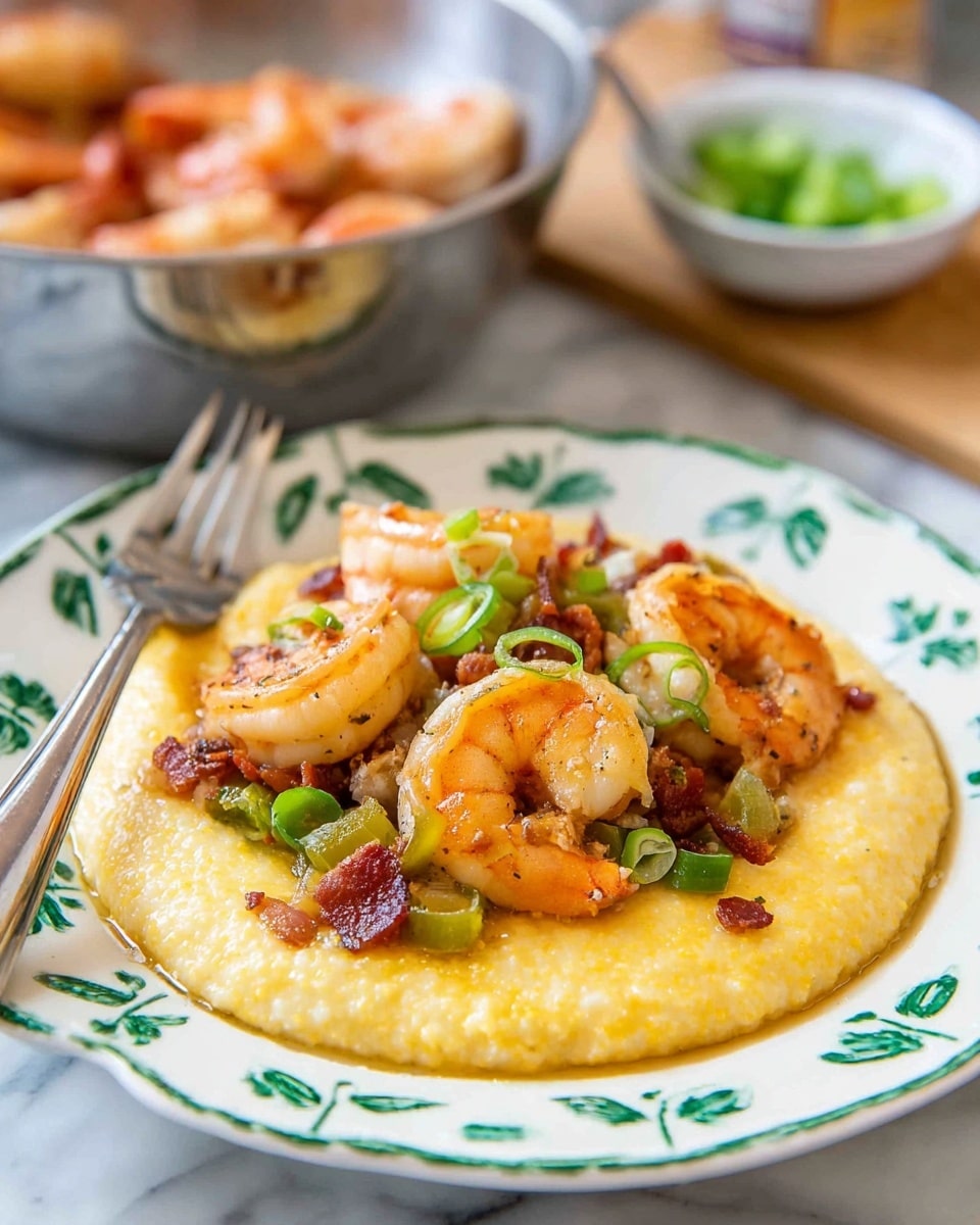 A white plate with a green floral pattern holds a serving of creamy yellow grits as the base layer, smooth and slightly thick in texture. On top, there are several pinkish-orange cooked shrimp with light grill marks, arranged across the grits. Mixed among the shrimp are small pieces of crispy brown bacon and diced green bell peppers, with a few thinly sliced green onions sprinkled on top, adding freshness. The plate rests on a white marbled surface, with a metal fork placed on the left side of the plate. In the background, a metal bowl of cooked shrimp and a small white bowl with green garnish can be seen out of focus. Photo taken with an iphone --ar 4:5 --v 7