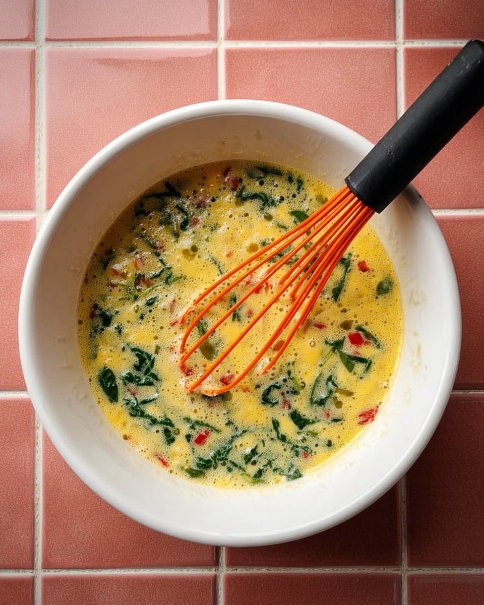 A white bowl holds a mixture of beaten eggs with visible ingredients like chopped spinach and small red pepper pieces, all floating in a yellow, slightly frothy liquid. An orange whisk with a black handle is partially submerged, resting on the edge of the bowl. The bowl is set on a surface with a pink tiled pattern. photo taken with an iphone --ar 4:5 --v 7