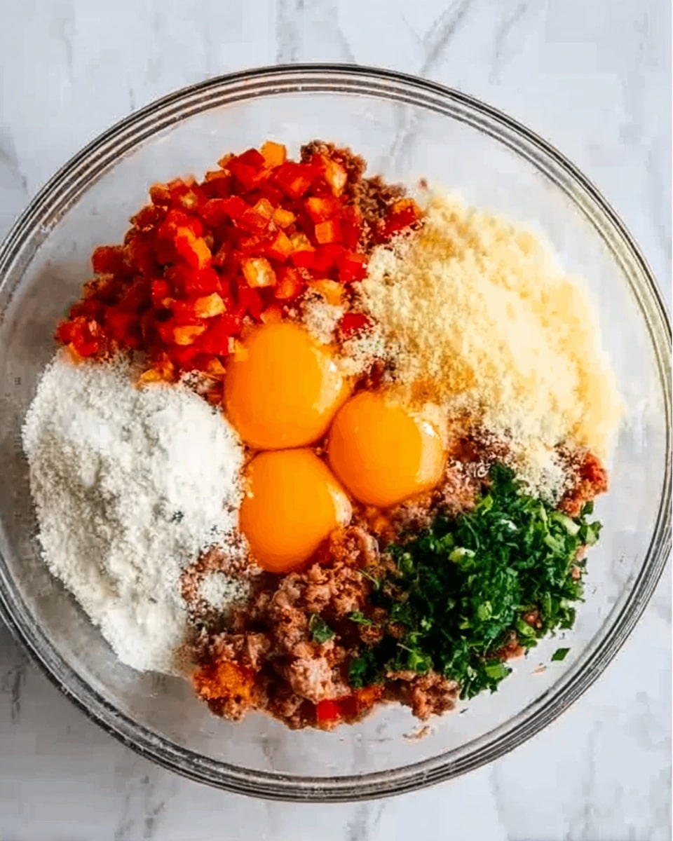 A transparent glass bowl on a white marbled surface holds several separate layers of food ingredients before mixing. At the center, three bright orange egg yolks sit surrounded by a heap of finely chopped red bell peppers and what looks like cooked ground meat mixed with white salt or sugar. Nearby, shades of light yellow powder and shredded white cheese appear alongside a small pile of chopped green herbs. The textures range from smooth egg yolks to crumbly powders and finely chopped vegetables, all distinct and unmixed. Photo taken with an iphone --ar 4:5 --v 7