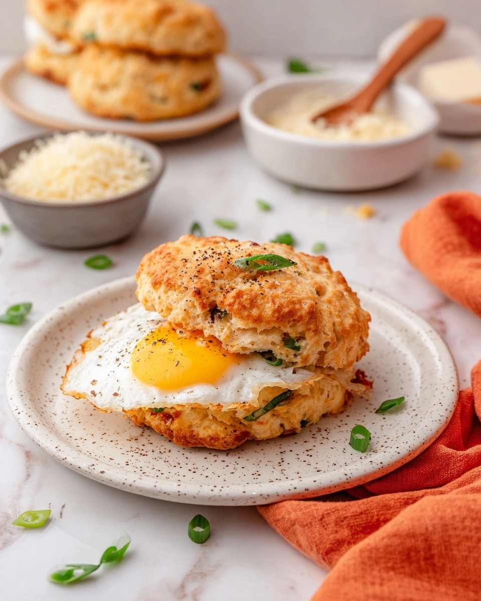 The image shows a sandwich on a white plate with speckled texture. The sandwich has two thick biscuit-like layers, both golden-brown with visible bits of green and red inside, and a crispy texture on top. Between the layers, there is a fried egg with a bright yellow yolk and white edges, sprinkled with black pepper. Around the plate, there are small green onion pieces scattered. In the background, there is a white bowl with two more biscuits, a small gray bowl with grated cheese, a wooden spoon with more cheese, and an orange cloth on a white marbled surface. photo taken with an iphone --ar 4:5 --v 7