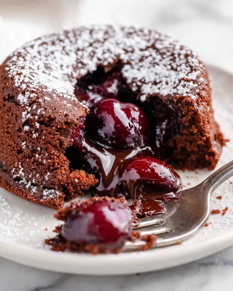 The image shows a close-up of a chocolate lava cake on a white plate, placed on a white marbled surface. The cake is round and dark brown with a slightly rough texture on the outside and is dusted with powdered sugar on top. A piece of the cake is broken off, revealing thick, melted chocolate flowing out from the center, mixed with whole cherries inside the cake. A silver fork holds a piece of the cake with shiny melted chocolate and a cherry on it. Photo taken with an iphone --ar 4:5 --v 7