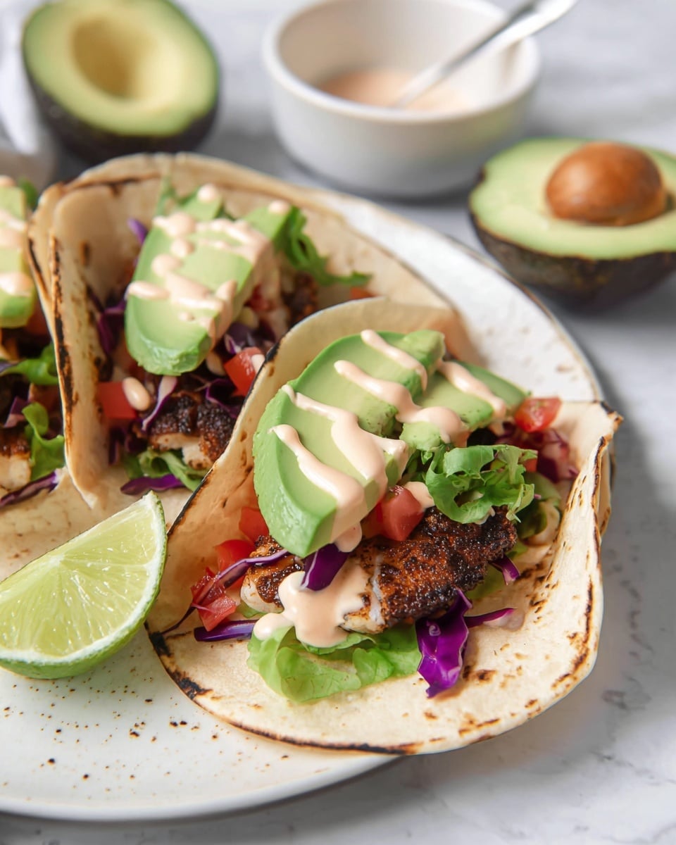 The image shows three soft corn tortillas on a white plate with light brown spots from toasting. Each tortilla holds a layer of dark brown crispy grilled fish in the middle, topped with fresh green lettuce leaves, small red diced tomatoes, and some purple cabbage pieces. On top of these, there is a slice of light green avocado, smooth and curved, and some light pink creamy sauce drizzled over the fish and veggies. A wedge of lime sits near the bottom of the plate. In the background, there is a half avocado with its brown seed and a small white bowl with a spoon inside, placed on a white marbled surface. Photo taken with an iphone --ar 4:5 --v 7