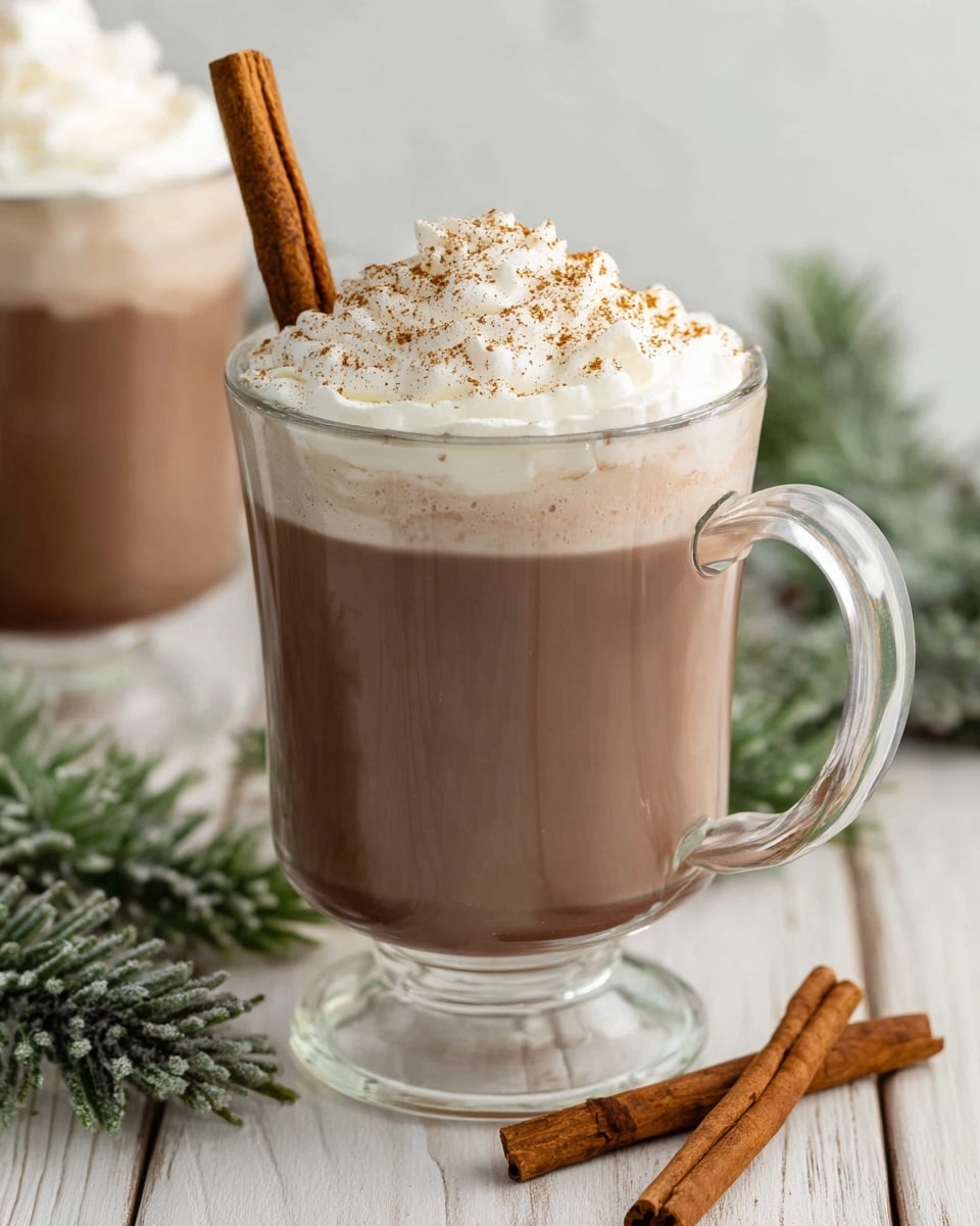 A clear glass mug holds three layers: the bottom is a smooth, light brown hot cocoa, the middle is a thin frothy layer where the cocoa meets the top, and the top layer is a thick, white whipped cream sprinkled lightly with brown spices. A cinnamon stick stands upright in the whipped cream. The mug sits on a white wooden surface with two cinnamon sticks lying in front and green frosted pine leaves on the side. Another similar mug is blurred slightly in the background. photo taken with an iphone --ar 4:5 --v 7