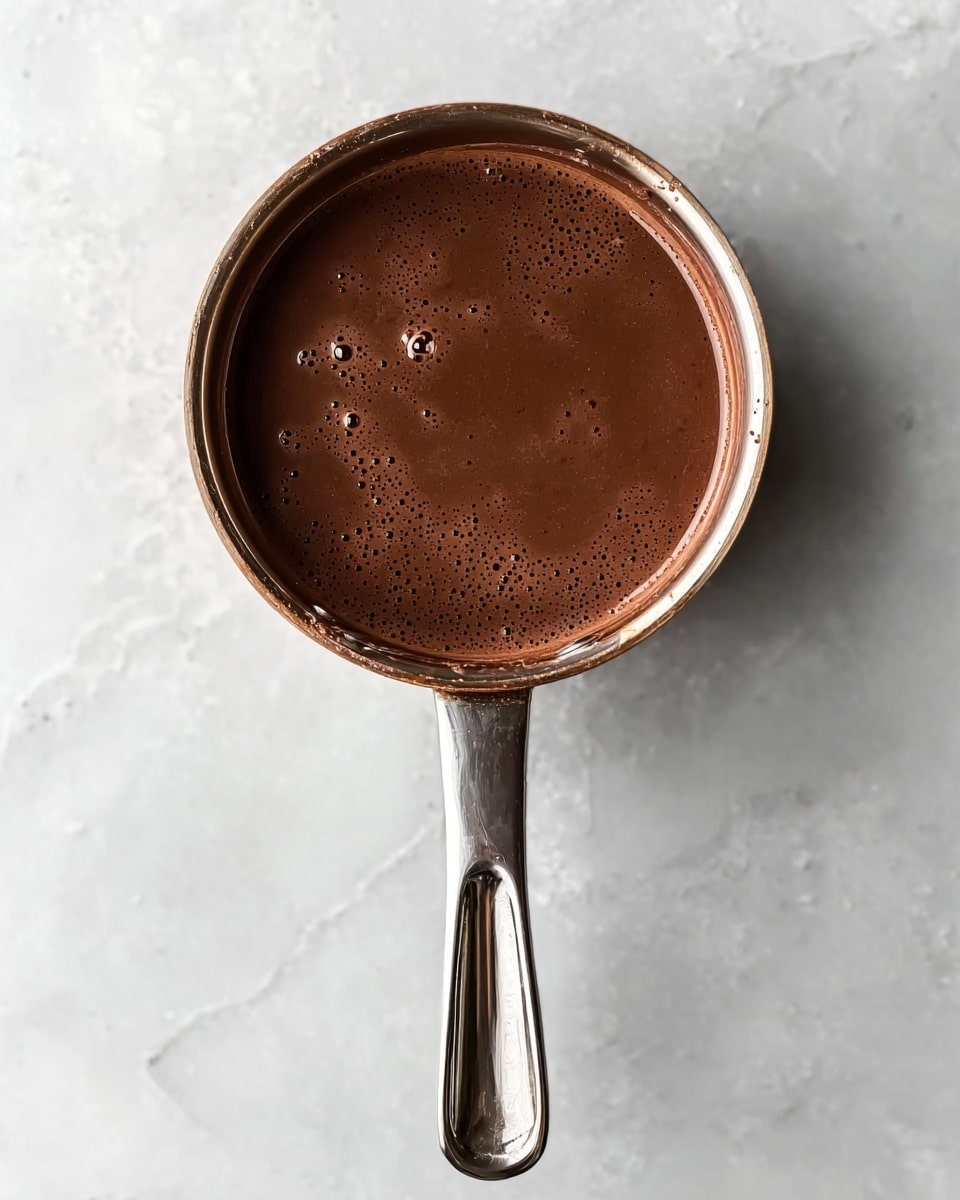 A top view of a small metal saucepan filled with smooth, dark brown chocolate sauce with a few small bubbles on the surface. The saucepan has a shiny metal handle that extends downward, placed on a white marbled surface. The lighting highlights the rich texture of the chocolate sauce inside the pan. photo taken with an iphone --ar 4:5 --v 7