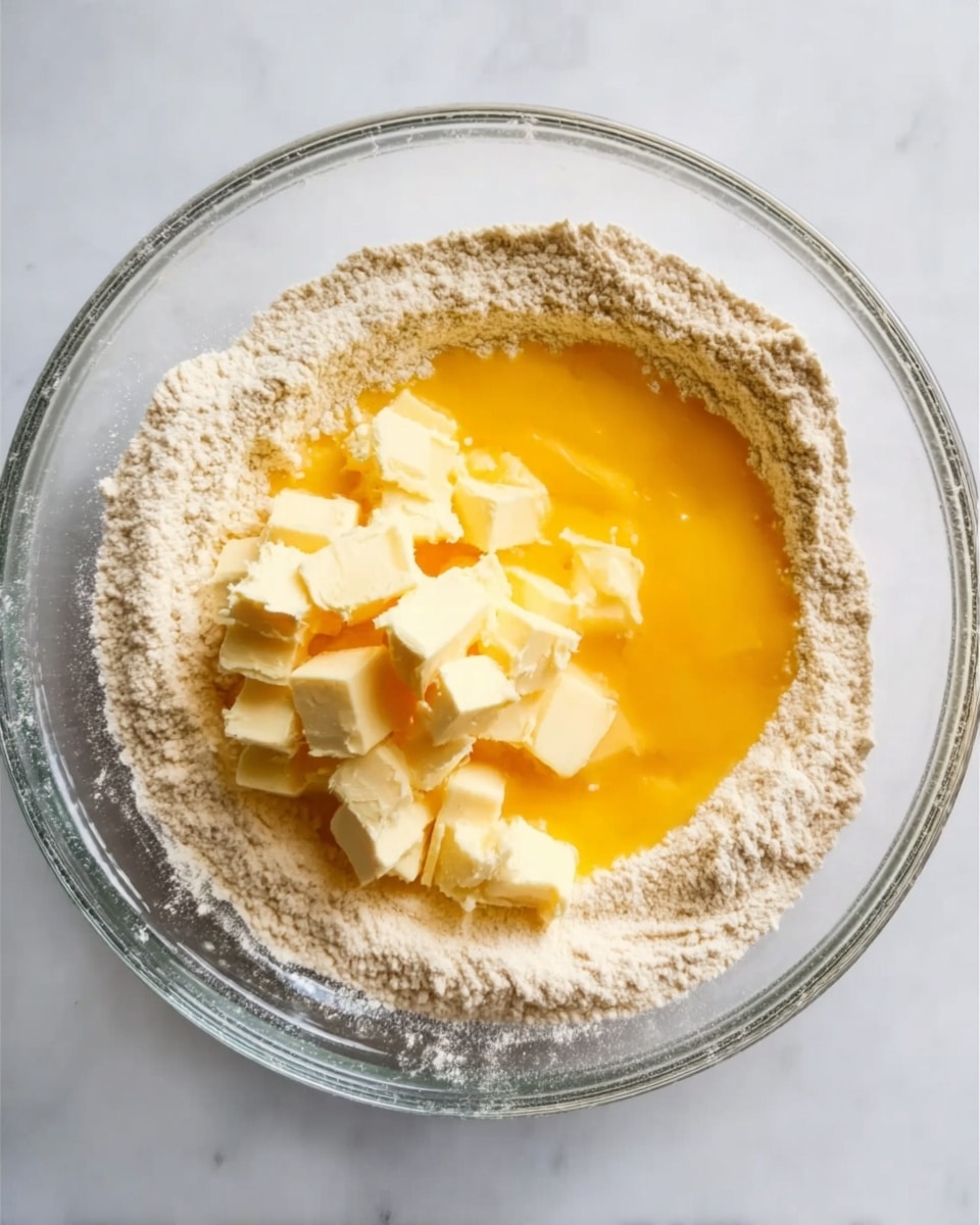A clear glass bowl sits on a white marbled surface, containing three main layers. The bottom layer is a rough, pale beige flour forming a ring around the bowl’s edge. Inside the flour ring, there is a pool of smooth, bright yellow beaten egg yolk. On top of the flour near the yolk, there are uneven small cubes of light yellow butter scattered, some partially melted. The overall texture shows a mix of dry flour, soft butter, and wet egg in the bowl. photo taken with an iphone --ar 4:5 --v 7
