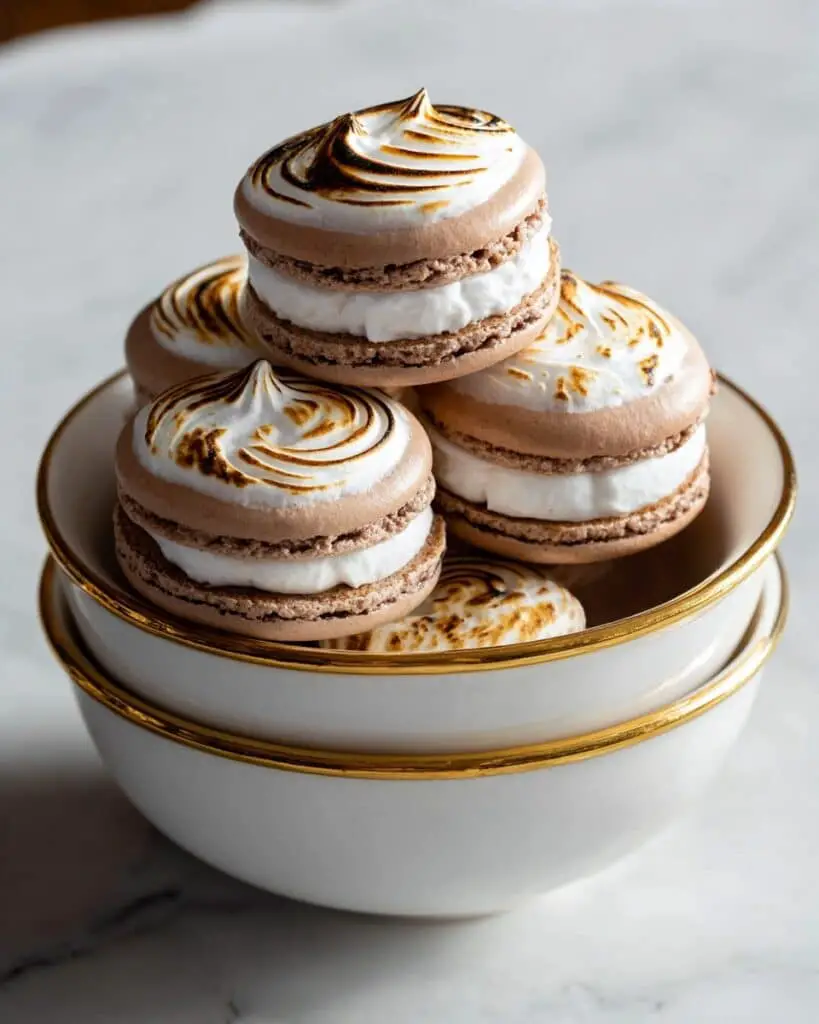 Chocolate French Macarons with Marshmallow Filling and Mexican Hot Chocolate Glaze Recipe