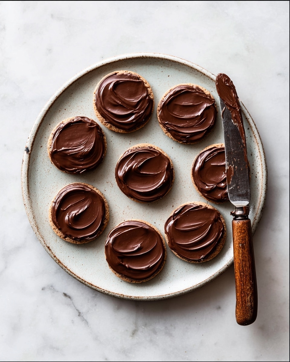 A white rustic plate with an uneven rim holds eight round cookies spread out in a circle. Each cookie has a smooth, dark chocolate layer spread on top, showing soft swirls and a shiny texture. To the bottom right of the plate, a wooden-handled knife with a dark metal blade is smeared with the same chocolate, resting against the plate edge. The scene is set on a white marbled surface. photo taken with an iphone --ar 4:5 --v 7