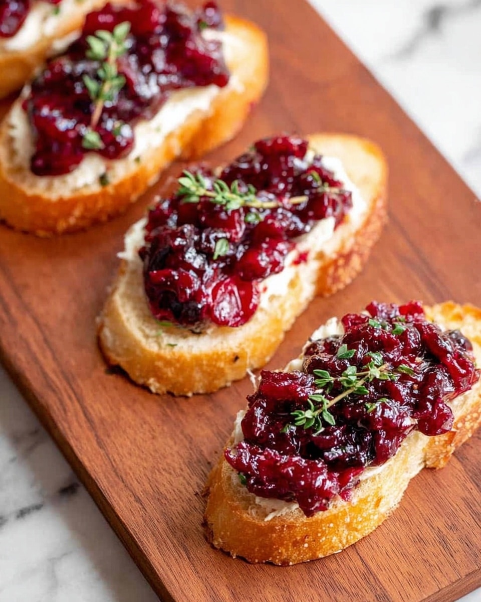The image shows four slices of crispy toasted bread arranged diagonally on a wooden board. Each slice has a bottom layer of soft white cheese spread evenly, topped with a thick layer of dark red cranberry sauce with visible pieces of cranberries. On top of each cranberry sauce layer, there is a small sprig of fresh green herb, likely thyme, adding a touch of color contrast. The bread slices have a golden-brown crust and airy texture visible along the edges. The background surface around the board is a white marbled texture. Photo taken with an iphone --ar 4:5 --v 7
