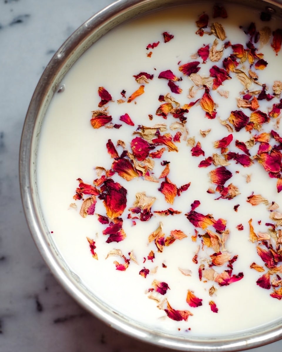 A close-up view of a single-layer dish in a round metal bowl filled with a smooth, white liquid base that takes up the entire bowl. On top, scattered dried rose petals in shades of deep red, orange, pink, and beige are spread unevenly across the surface, adding texture and color contrast. The scene is set against a white marbled textured background. photo taken with an iphone --ar 4:5 --v 7