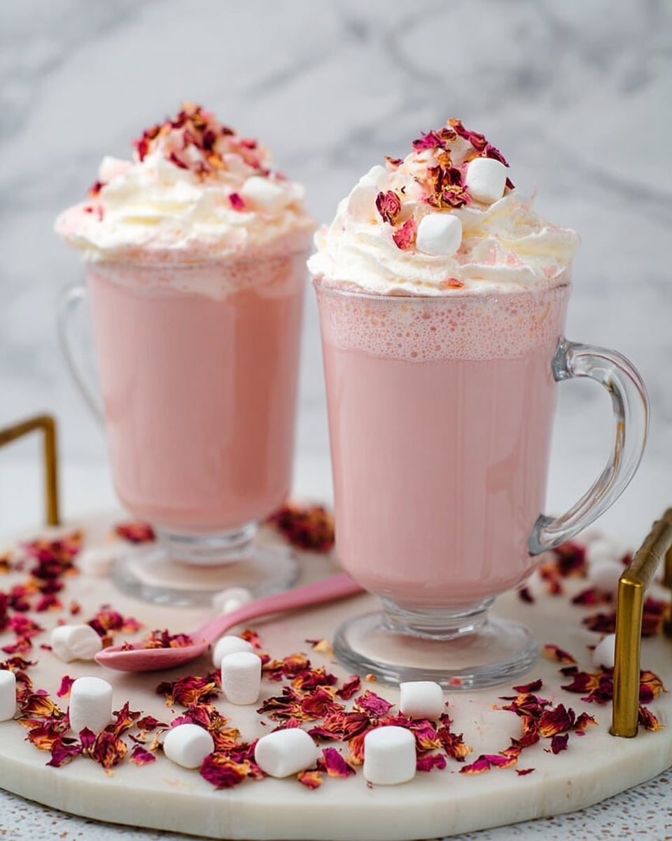 Two clear glass mugs are filled with light pink creamy drinks, each topped with a thick layer of white whipped cream. On top of the whipped cream, there are small white marshmallows and red dried flower petals that add color and texture. The mugs sit on a round white marble tray with golden handles, scattered with more small white marshmallows and red dried flower petals all around. A pink spoon rests on the tray beside the mugs, and the background features a white marbled texture. photo taken with an iphone --ar 4:5 --v 7