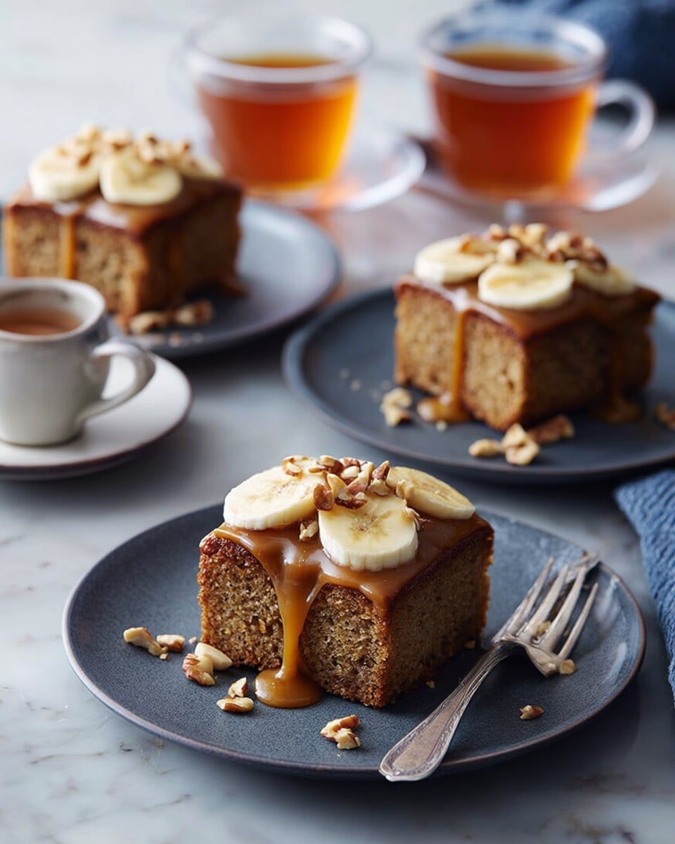 Three square pieces of cake are shown on dark gray plates, each cake piece has a moist brown texture and is topped with a layer of smooth caramel sauce. On top of the caramel layer are thin slices of light yellow banana arranged closer to the middle, and scattered chopped nuts add texture and color to the top and sides. The caramel sauce is slightly dripping down the sides of the cake. In the back, three clear glass cups filled with amber-colored tea sit on a white marbled surface, with one cup placed on a white saucer. The background has a soft focus and the scene feels cozy and inviting. photo taken with an iphone --ar 4:5 --v 7