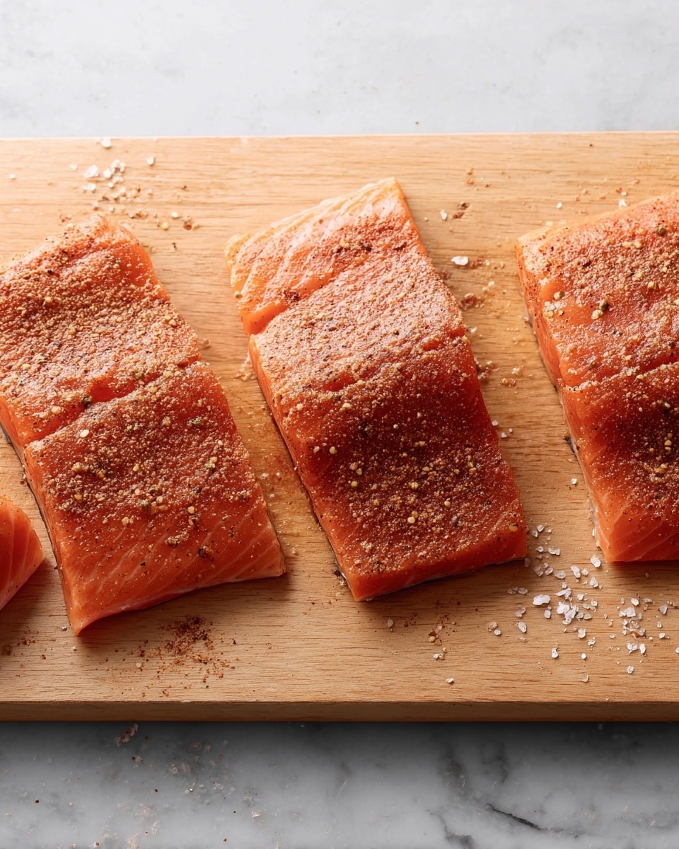 Four pieces of raw orange salmon fillets are placed on a light wooden board. Each fillet is sprinkled with a coarse brown spice mix and salt, giving a textured look on top. The wooden board is set on a white marbled surface with part of the salmon slightly shiny and fresh. The fillets are flat and rectangular with smooth edges, showing the salmon's natural striations and color variation. Photo taken with an iphone --ar 4:5 --v 7
