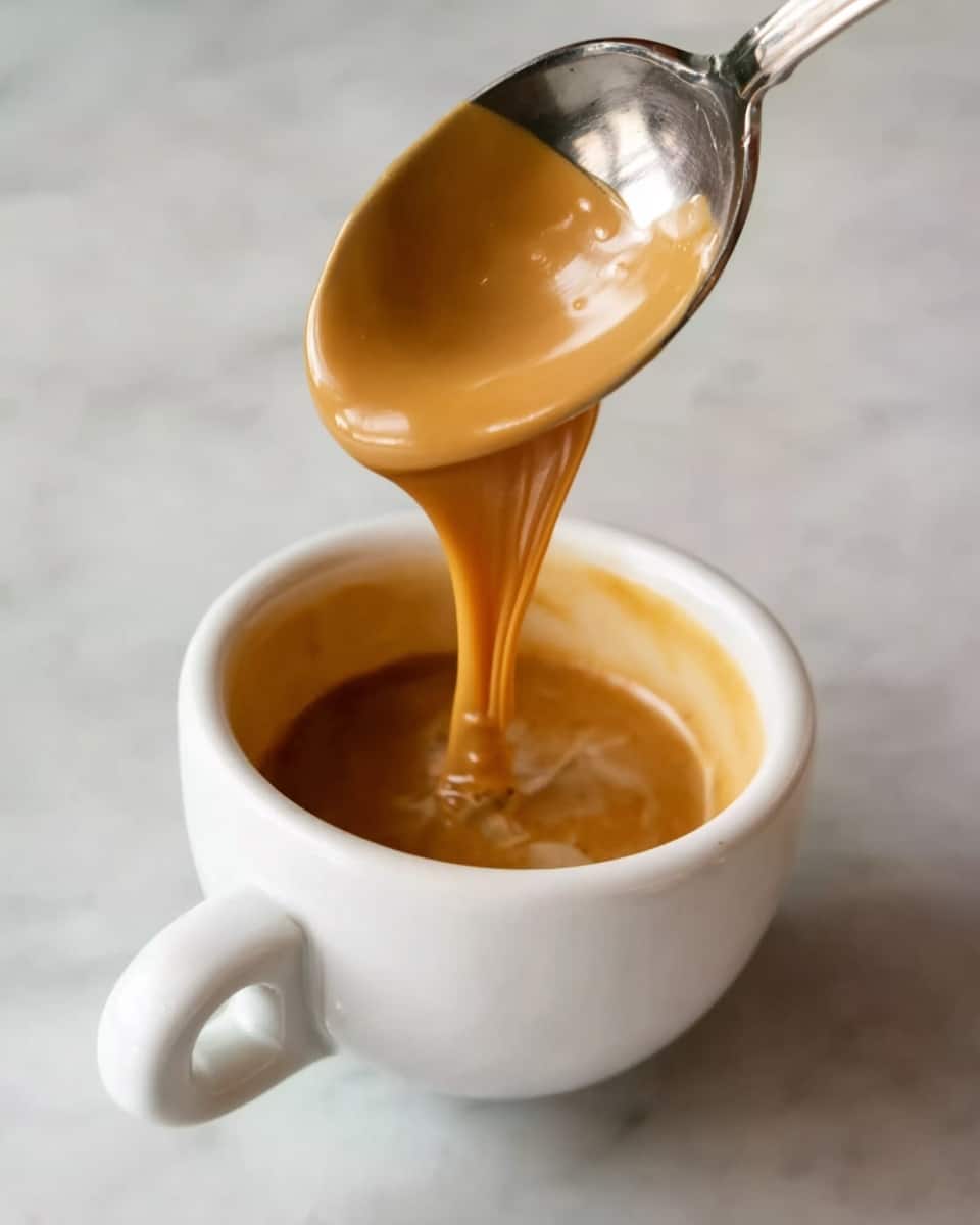 A close-up shot shows thick, creamy coffee being poured from a large metal spoon into a small white cup. The coffee is smooth and light brown, with a glossy texture reflecting light. The white cup has a simple handle and sits on a white marbled surface that is softly blurred in the background. Photo taken with an iphone --ar 4:5 --v 7