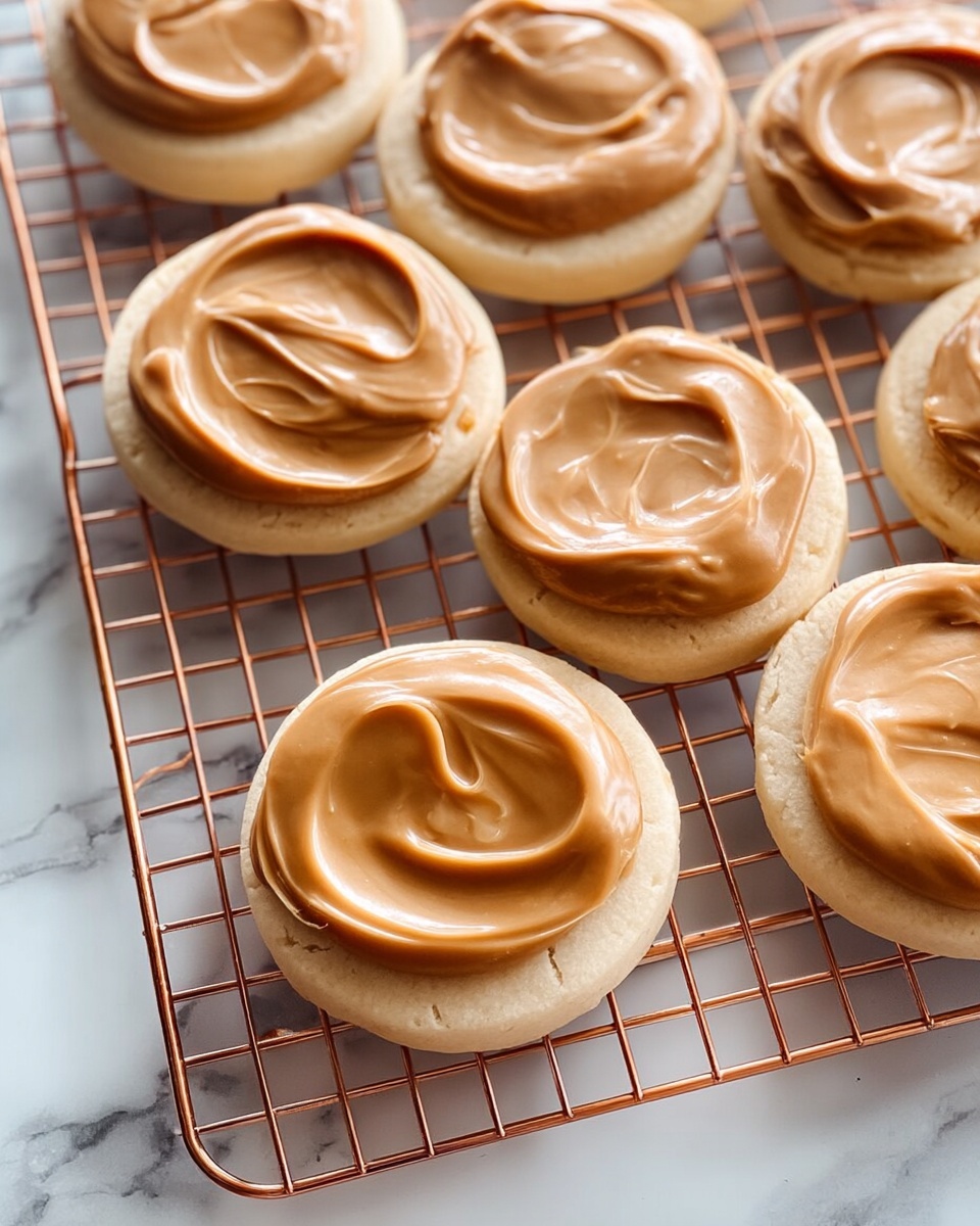 The image shows seven round cookies standing on a copper cooling rack, placed on a white marbled surface. Each cookie has two visible layers: a base layer of pale beige cookie dough, smooth and slightly thick, and a top layer of light brown caramel frosting, creamy and swirled with a shiny texture. The cookies are evenly spaced with gentle shadows highlighting their round shapes and the swirled patterns on the caramel. The cooling rack grid adds structure and contrast to the soft textures of the cookies. photo taken with an iphone --ar 4:5 --v 7