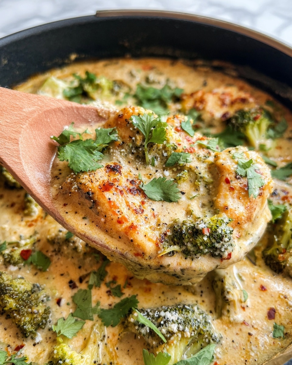 A close-up view of a creamy baked dish in a black pan, showing two layers: a bottom layer of roasted broccoli with a green and slightly browned texture, and a thick, golden cream sauce layer on top that covers chunks of food beneath. The sauce is speckled with black pepper and herbs, with visible small bits of red, possibly spices or seasoning. A wooden spoon holds a generous scoop of the dish in the foreground, coated in the rich, creamy sauce and garnished with fresh green cilantro leaves and a light sprinkle of white powder, likely cheese. The background surface is a white marbled texture. Photo taken with an iphone --ar 4:5 --v 7