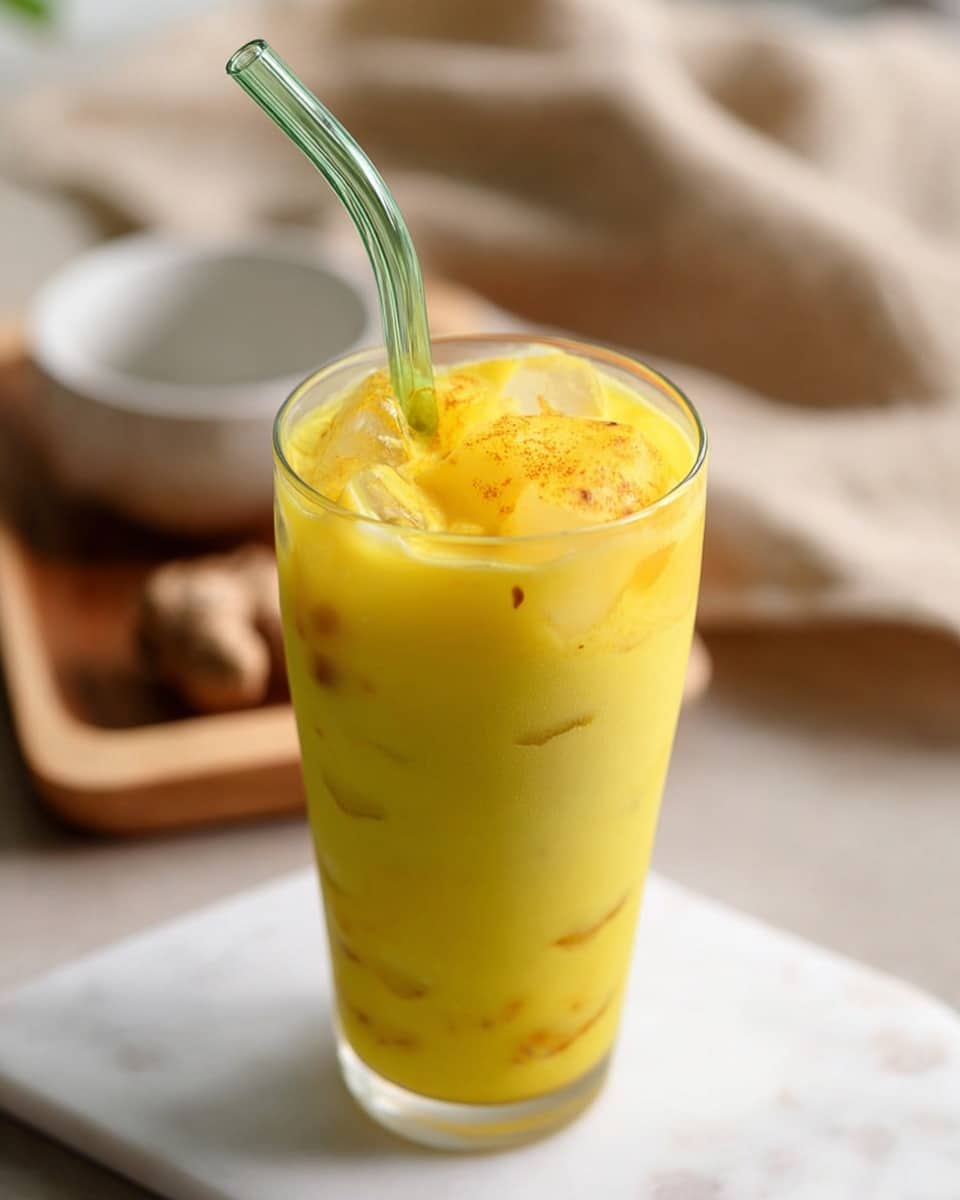 A tall, clear glass with a curvy shape is filled with a three-layered yellow drink topped with a layer of foam and ice cubes floating on the surface; a bent green glass straw is placed inside the drink. The drink’s yellow color is bright and smooth, with small specks of darker yellow or orange floating within the foam. The glass is set on a white marbled surface, softly lit in natural light with a blurred background hinting at a wooden tray and a beige cloth nearby. The overall feel is fresh and inviting. photo taken with an iphone --ar 4:5 --v 7