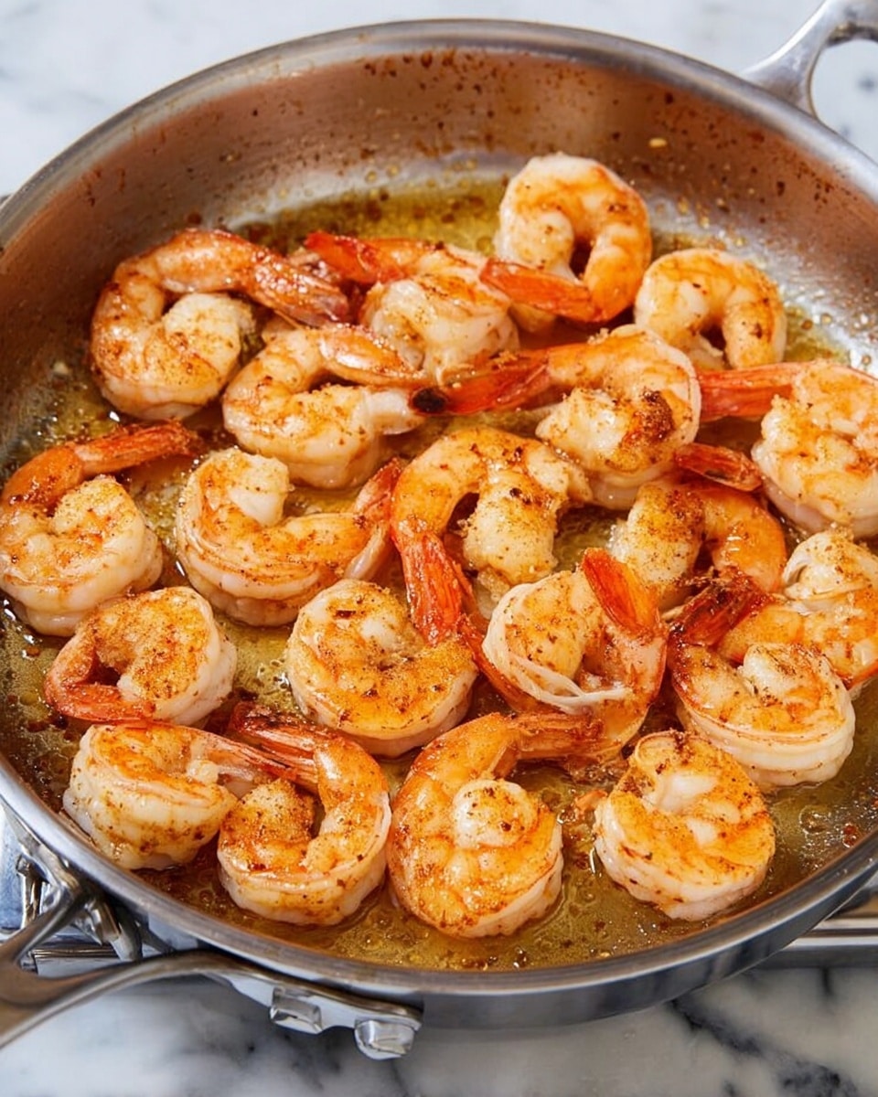 A large silver pan filled with a single layer of cooked shrimp arranged in a circular pattern, each shrimp showing orange-pink tails and white bodies with a light brown spice coating, the pan surface slightly shiny from cooking oil with some browned spots around the edges, all set on a white marbled background photo taken with an iphone --ar 4:5 --v 7