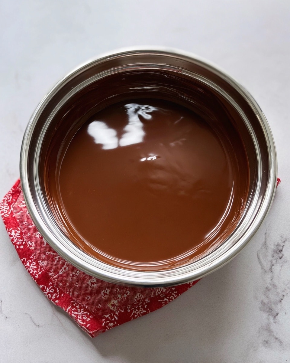 A shiny silver bowl holds a smooth layer of glossy melted chocolate, evenly spread inside with some light reflections creating white shapes on the surface. The bowl sits on a white marbled surface, with a small piece of red cloth with white patterns peeking out from underneath it. The chocolate is rich brown with a shiny, wet texture inside the bowl, which has a clean, rounded edge photo taken with an iphone --ar 4:5 --v 7