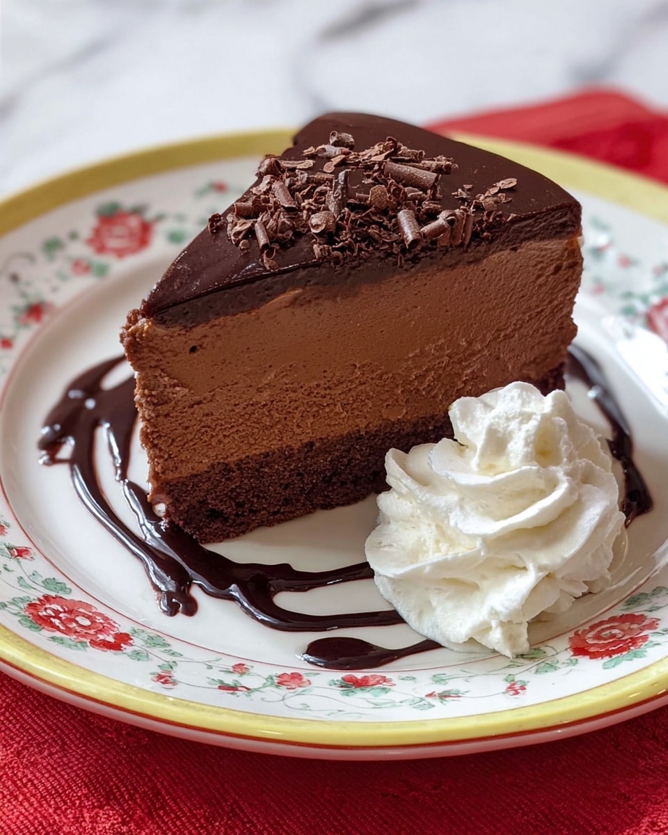 A slice of three-layer chocolate cake sits on a white plate with a delicate red and green pattern and a yellow rim, placed on a red floral cloth. The bottom layer is a slightly crumbly dark brown chocolate cake, the middle layer is a thick, smooth, lighter chocolate mousse, and the top layer is a dense, glossy chocolate ganache decorated with small chocolate shavings. Next to the slice, there is a swirl of white whipped cream on top of a drizzle of dark chocolate sauce forming a loose pattern on the plate. The background is a white marbled texture photo taken with an iphone --ar 4:5 --v 7
