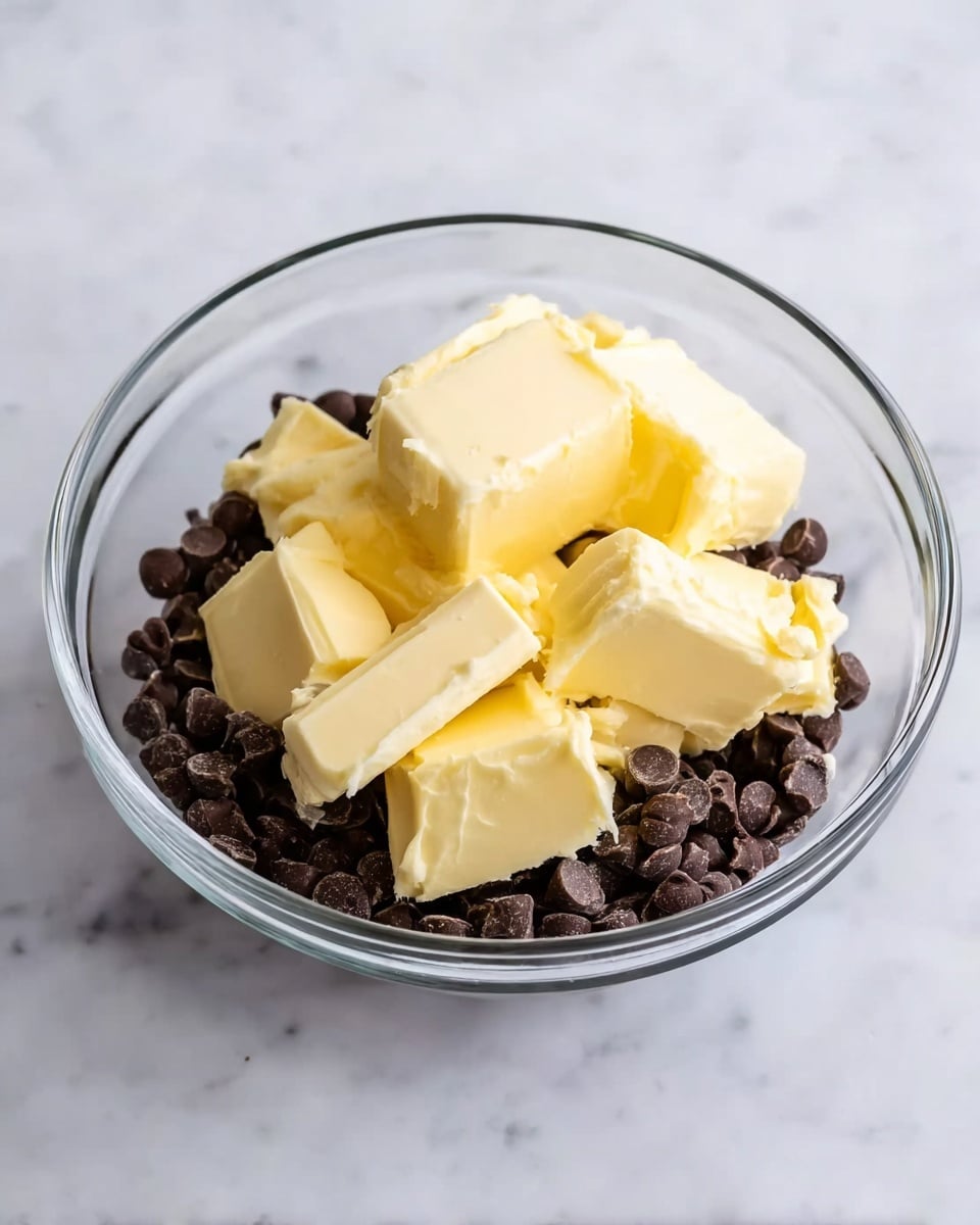 A clear glass bowl sits on a white marbled surface, filled with small, dark brown chocolate pieces as the base layer, topped with several large chunks of pale yellow butter unevenly placed over the chocolate. The butter pieces show soft, creamy texture and are scattered in different sizes across the top. photo taken with an iphone --ar 4:5 --v 7