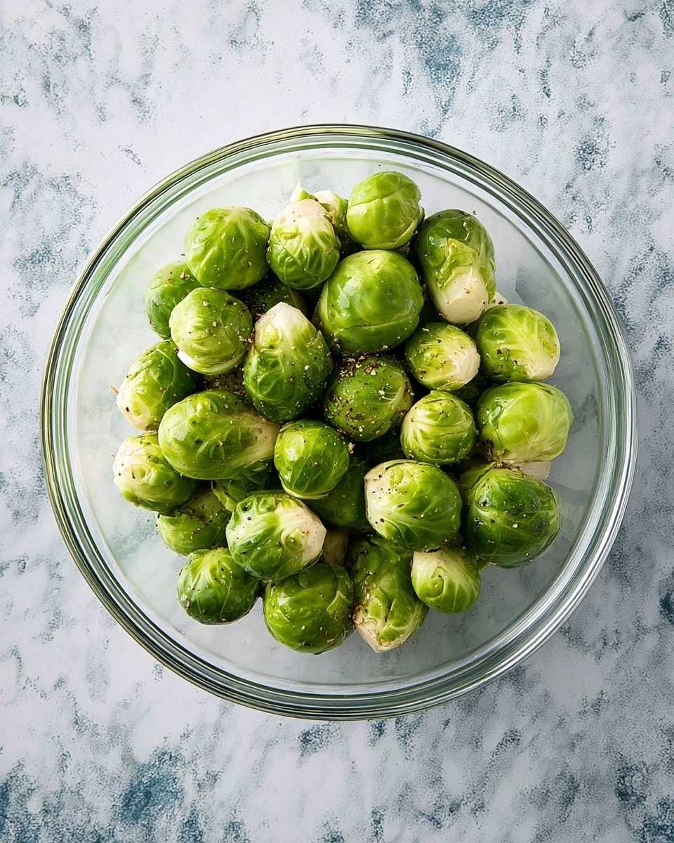 A clear glass bowl sits on a white marbled surface, filled with about thirty small Brussels sprouts. These Brussels sprouts are bright green with white stems and are coated lightly with oil and cracked black pepper, giving them a shiny and slightly textured look. Some sprouts are whole, while a few are halved, showing their compact layers inside. The bowl is centered in the image, viewed from above. photo taken with an iphone --ar 4:5 --v 7