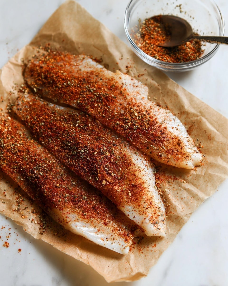 Three thin fillets of fish lay side by side on a piece of brown parchment paper, which rests on a white marbled surface. Each fish fillet is generously covered with a mix of reddish-brown spices and herbs that create a rough texture over the pale, smooth fish. In the background, there is a clear glass bowl with a metal spoon inside, holding some of the same spice mix. The spices scattered around the edges emphasize their coarse texture and rich color. Photo taken with an iphone --ar 4:5 --v 7