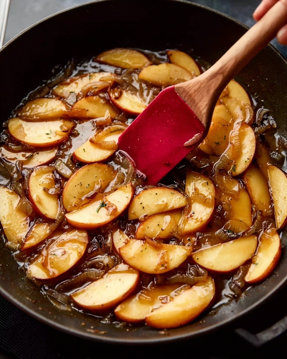 The image shows a black pan filled with golden brown apple slices cooking in a shiny syrup with small pieces of onions. A woman's hand holds a red spatula with a wooden handle, stirring the fruit and onions gently. The apple slices are soft with slightly browned edges, and the syrup looks thick and glossy. The pan has a smooth, dark surface that contrasts with the light color of the apples and syrup. Photo taken with an iphone --ar 4:5 --v 7