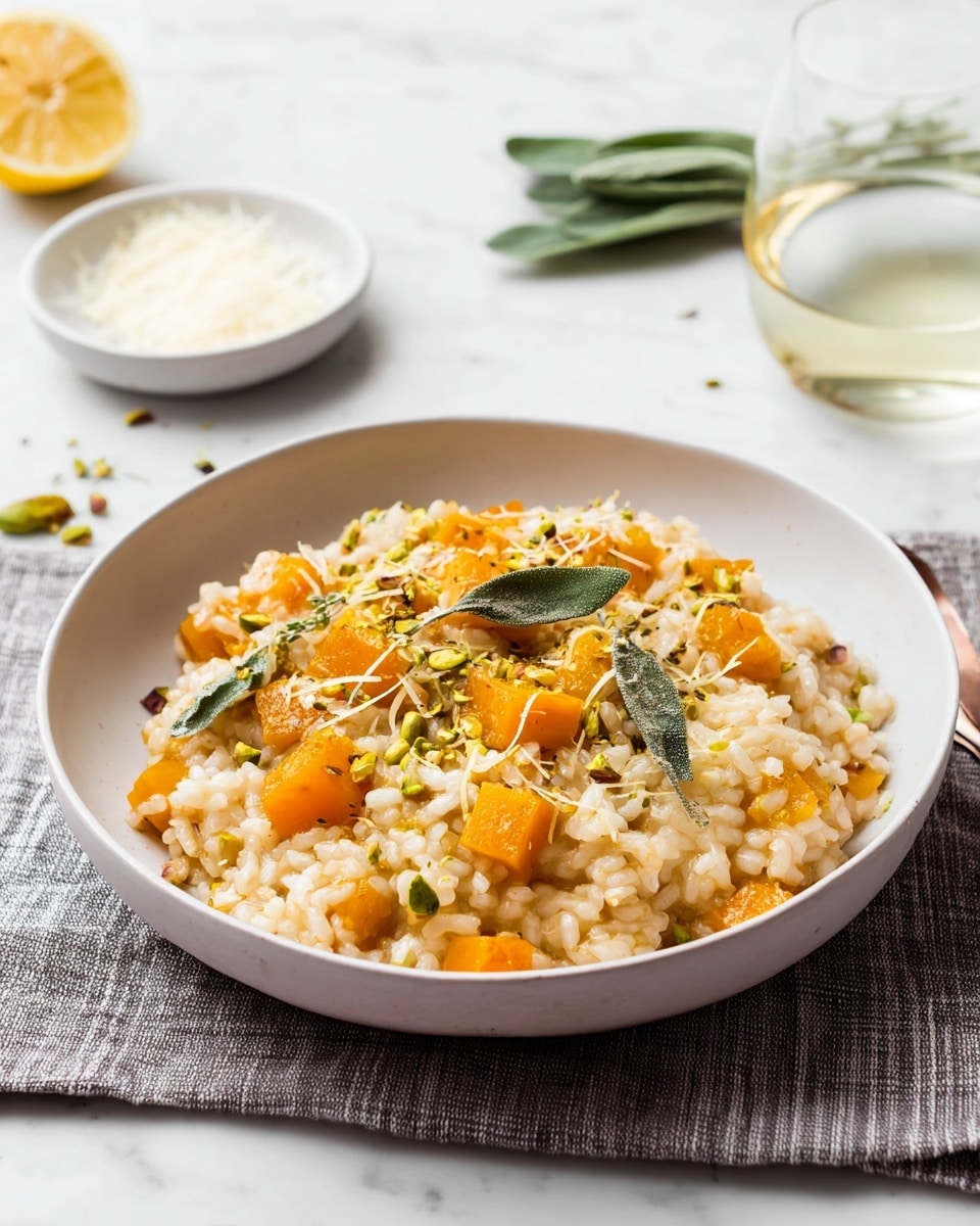 A shallow white bowl holds a creamy risotto with a soft, light beige base mixed with small, bright orange cubes of roasted butternut squash scattered throughout. On top, there are whole green fried sage leaves and a sprinkling of chopped green pistachios adding texture and color. Thin strands of lemon zest are spread over the dish, giving small pops of yellow. The bowl sits on a gray striped cloth, and in the background, there is a small white bowl filled with grated white cheese, a lemon wedge, green sage leaves, and a glass of white wine on a white marbled surface. Photo taken with an iphone --ar 4:5 --v 7