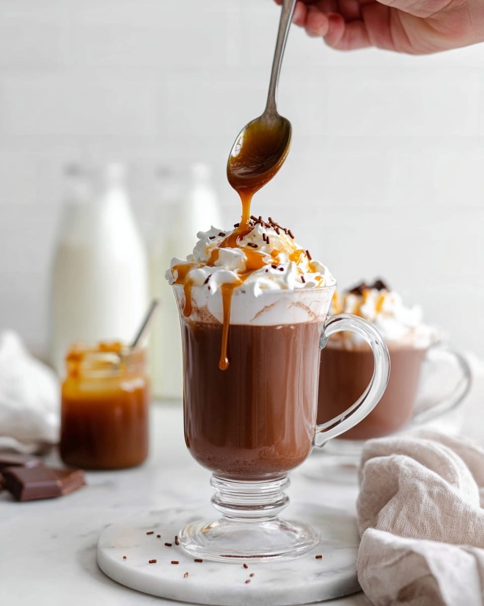 A clear glass mug filled with a rich brown hot chocolate sits on a white marbled surface. It has three visible layers: the bottom thick hot chocolate, a middle layer of fluffy white whipped cream piled high above the rim, and a top layer of caramel sauce being drizzled slowly from a silver spoon held by a woman's hand above. There are small chocolate sprinkles on the whipped cream. In the background, there are two glass bottles filled with milk, a jar of caramel sauce with some spilled on the surface, another glass mug with whipped cream and chocolate, and a cup of hot chocolate on the white marbled surface. A soft cloth napkin is placed on the right side near the cup photo taken with an iphone --ar 4:5 --v 7