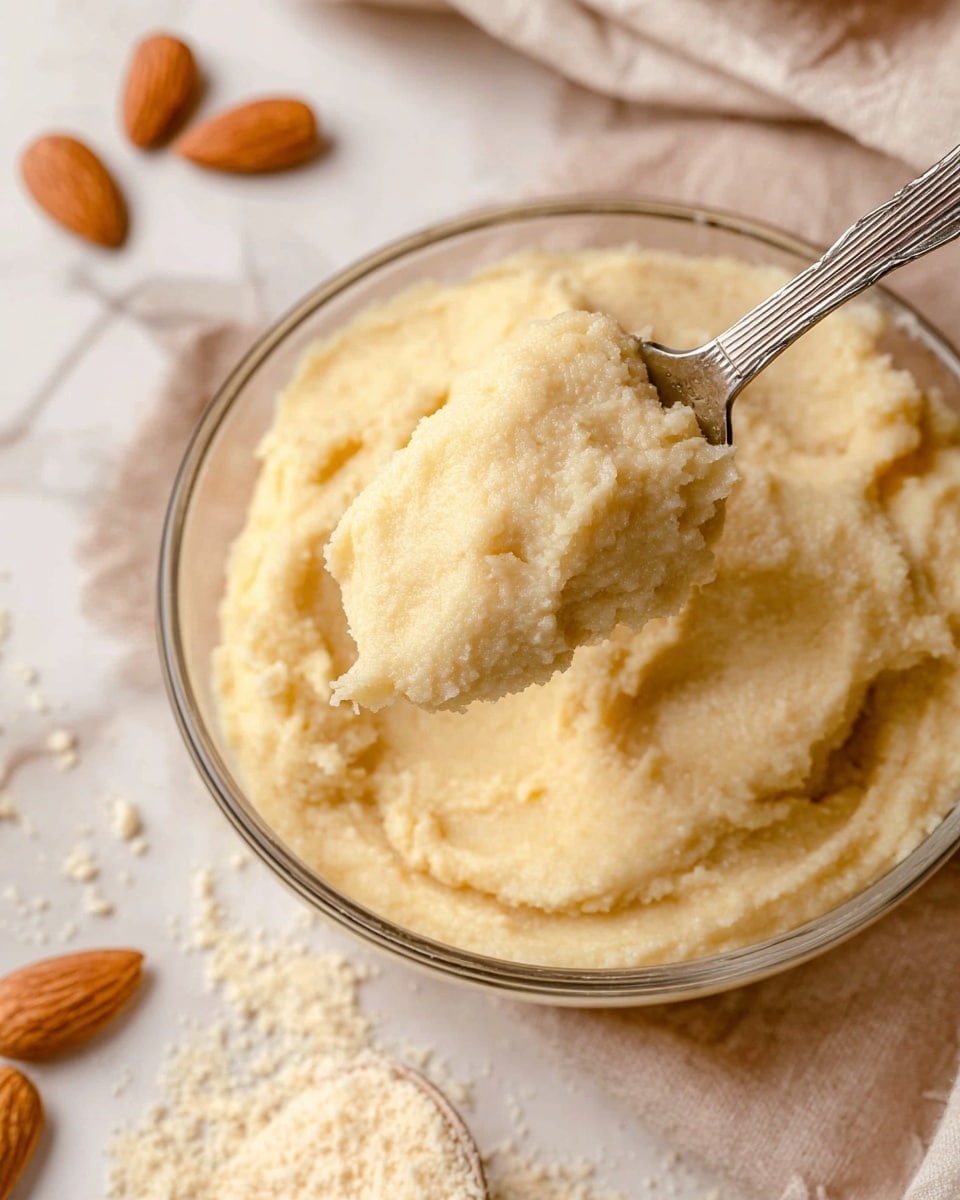The image shows a glass bowl filled with a thick, creamy pale yellow almond paste with a slightly rough texture. A silver spoon holds a scoop of the almond paste above the bowl, highlighting its soft and smooth consistency. Around the bowl, there are a few whole almonds and some almond meal scattered on a light beige cloth, all placed on a white marbled surface. The overall look is warm and natural, focusing on the texture and color of the almond paste. photo taken with an iphone --ar 4:5 --v 7