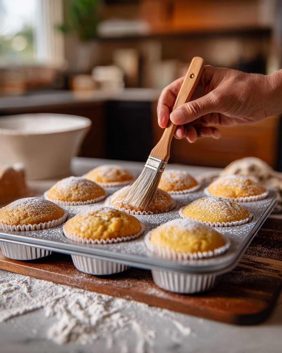 A silver muffin tray holds nine golden yellow muffins in white paper liners, with a light dusting of white flour on top and around the tray. A woman's hand with a wooden brush gently applies a glaze over one muffin. The tray sits on a white marbled surface dusted with flour, with a wooden board partially visible holding some flour in the foreground. The background is softly blurred, showing a kitchen setting with warm tones and an oven in view. photo taken with an iphone --ar 4:5 --v 7
