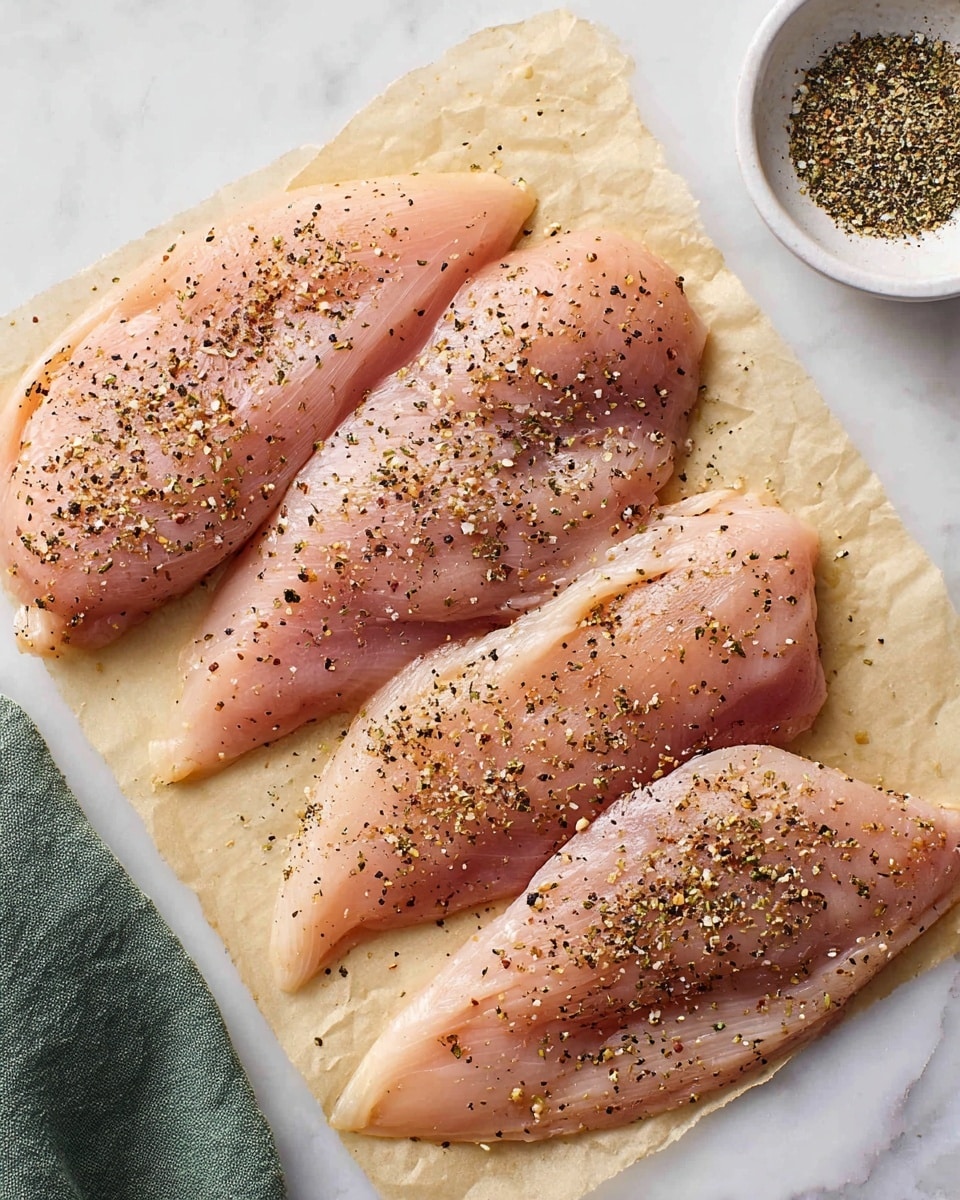 The image shows four raw chicken fillets placed on a square piece of parchment paper on a white marbled surface. Each fillet is seasoned with a sprinkle of ground black pepper and various spices, giving a textured look with small dark and light specks. The chicken pieces are arranged close to each other but not overlapping, showcasing their smooth, pink flesh with visible seasoning granules. In the top right corner, there is a small white bowl filled with coarse spice mix, containing black pepper and possibly salt. A folded green cloth is slightly visible in the bottom left corner. Photo taken with an iphone --ar 4:5 --v 7