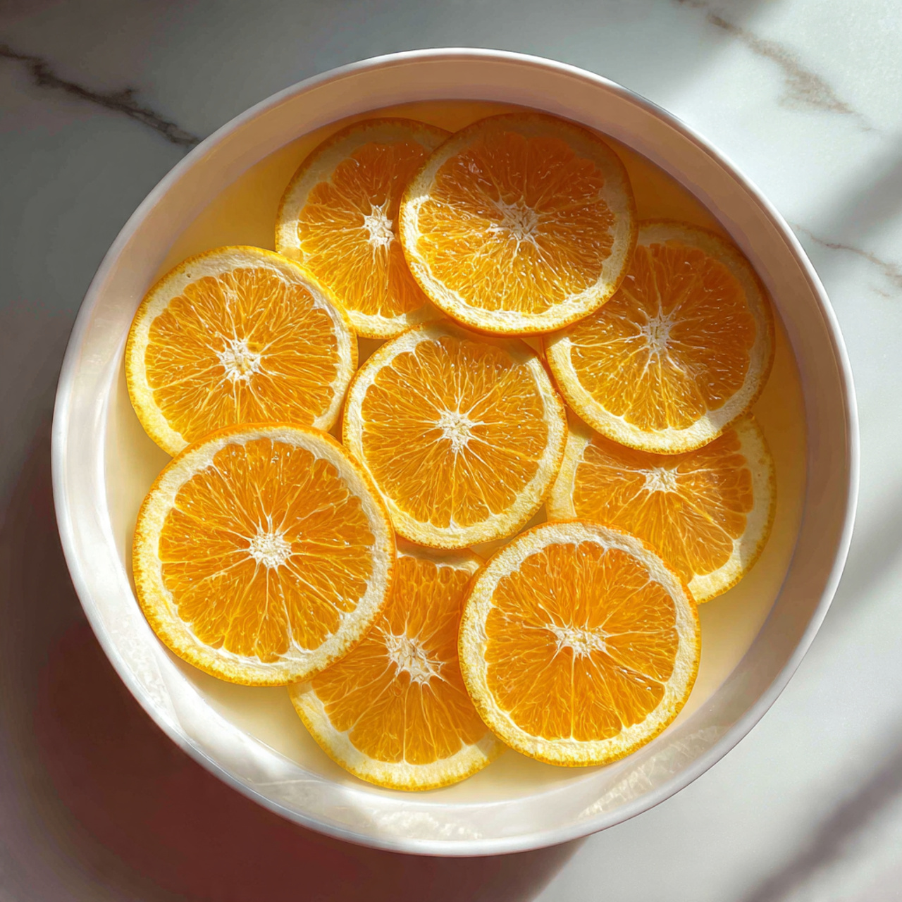 Candied Orange Slices Recipe 4 A white round pan filled with a clear light-yellow liquid, with ten round orange slices evenly floating on top. The orange slices show bright orange flesh and thin white edges, slightly overlapping each other in a single layer, covering the entire surface of the liquid. The background is a white marbled texture. Photo taken with an iphone --ar 4:5 --v 7