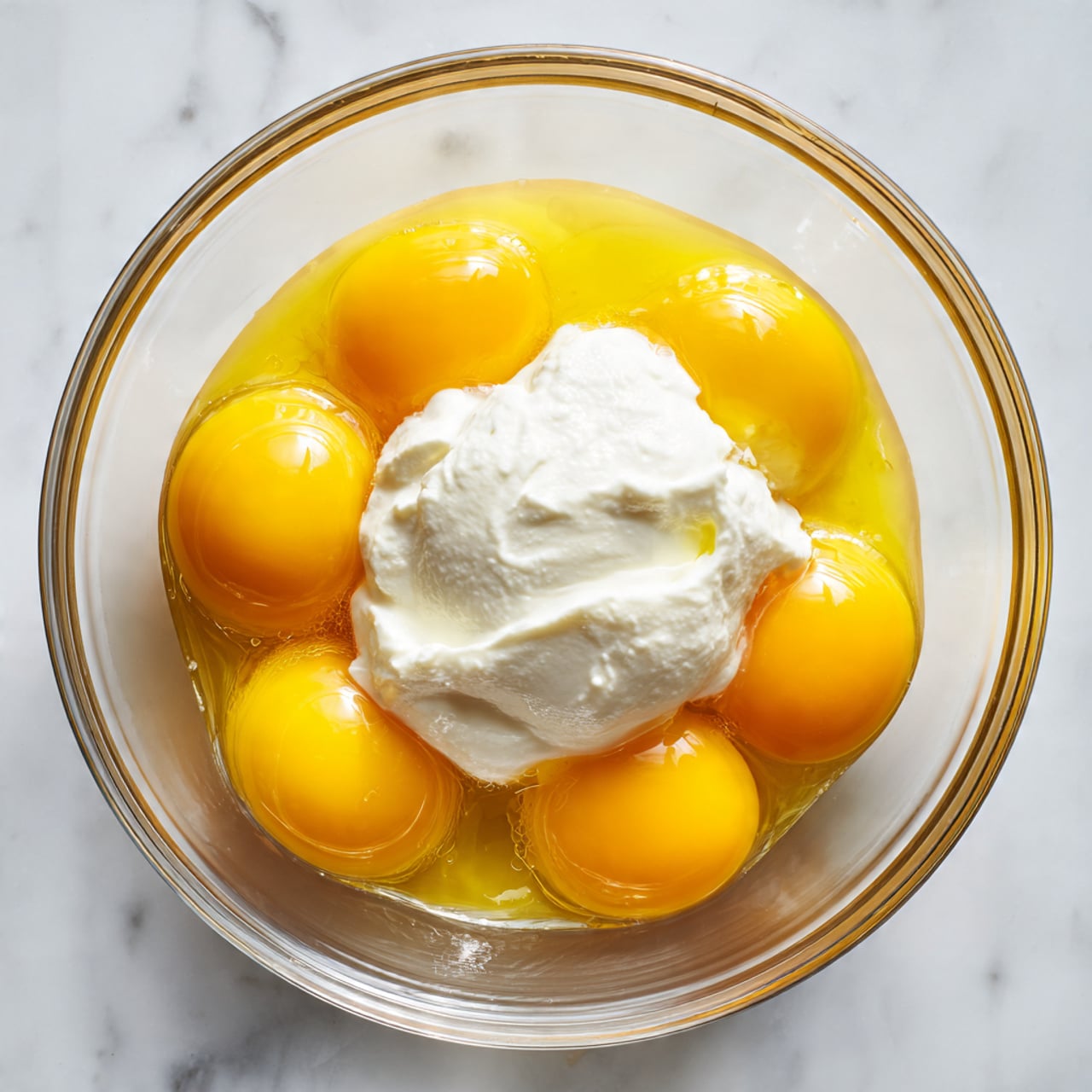 A clear glass bowl sits on a white marbled surface, containing four raw eggs with bright yellow yolks and translucent whites. On top of the eggs, there is a dollop of thick white creamy yogurt with a slightly bumpy texture, positioned in the center of the bowl. The clear bowl reveals all layers clearly with light reflecting off its smooth edges. photo taken with an iphone --ar 4:5 --v 7